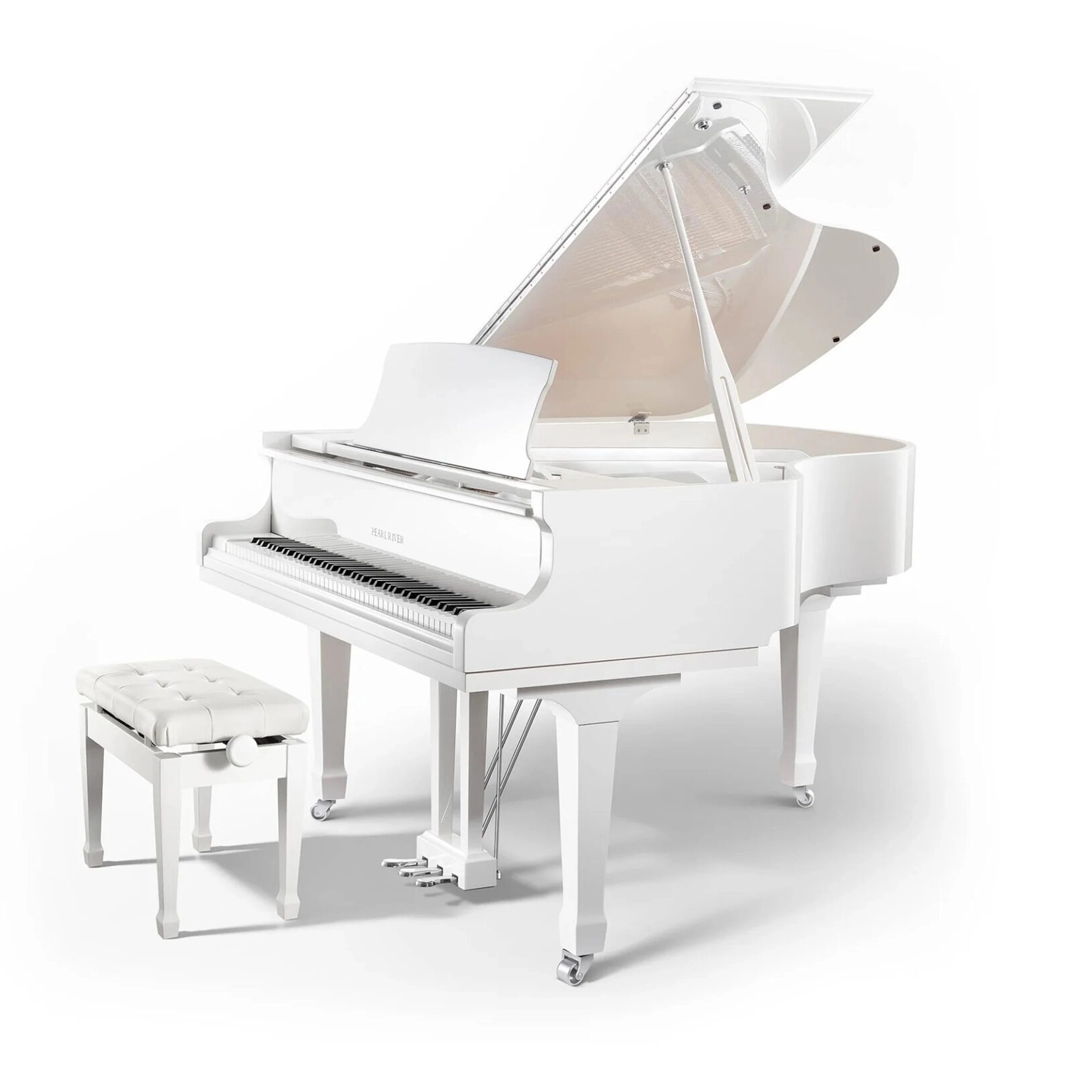 White grand piano with a bench on a white background