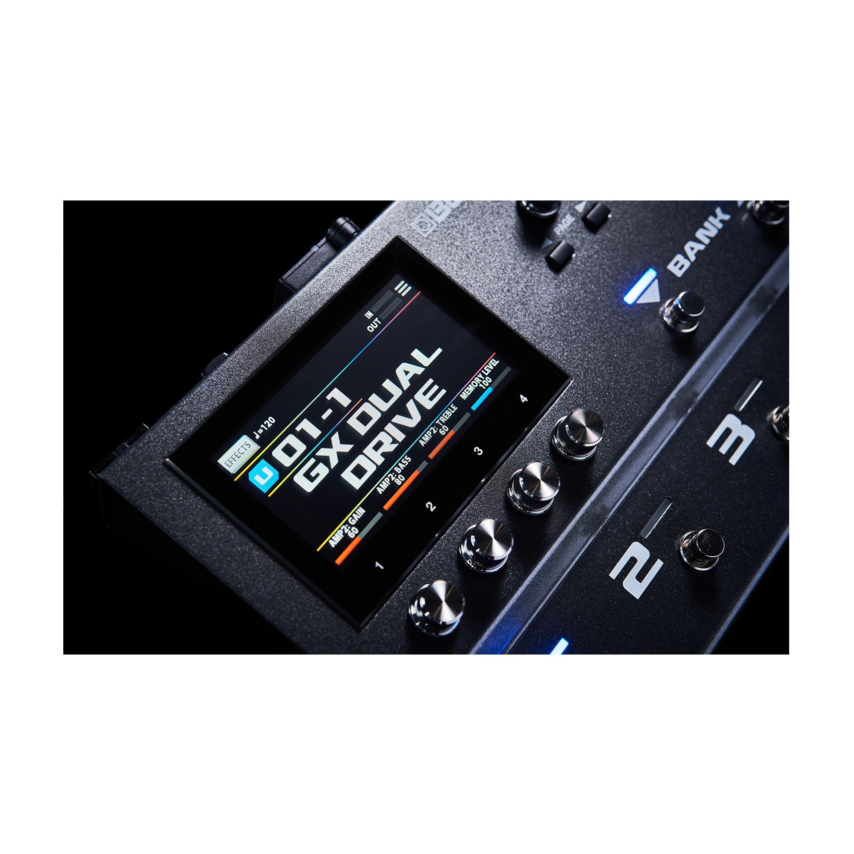 Guitar effects pedal with digital display and control knobs on a white background