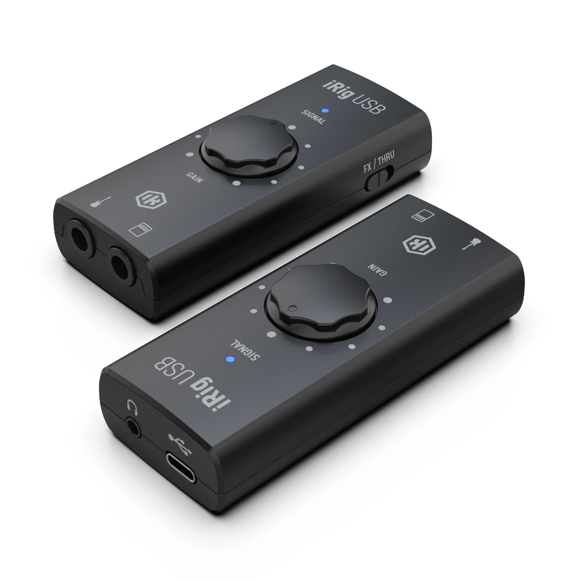 Two Ik Multimedia IRIG USB Guitar Interfaces front side angle view