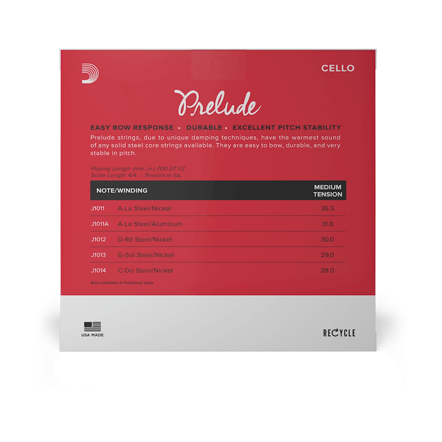 D'Addario Prelude Cello String Set 4/4 Medium Tension