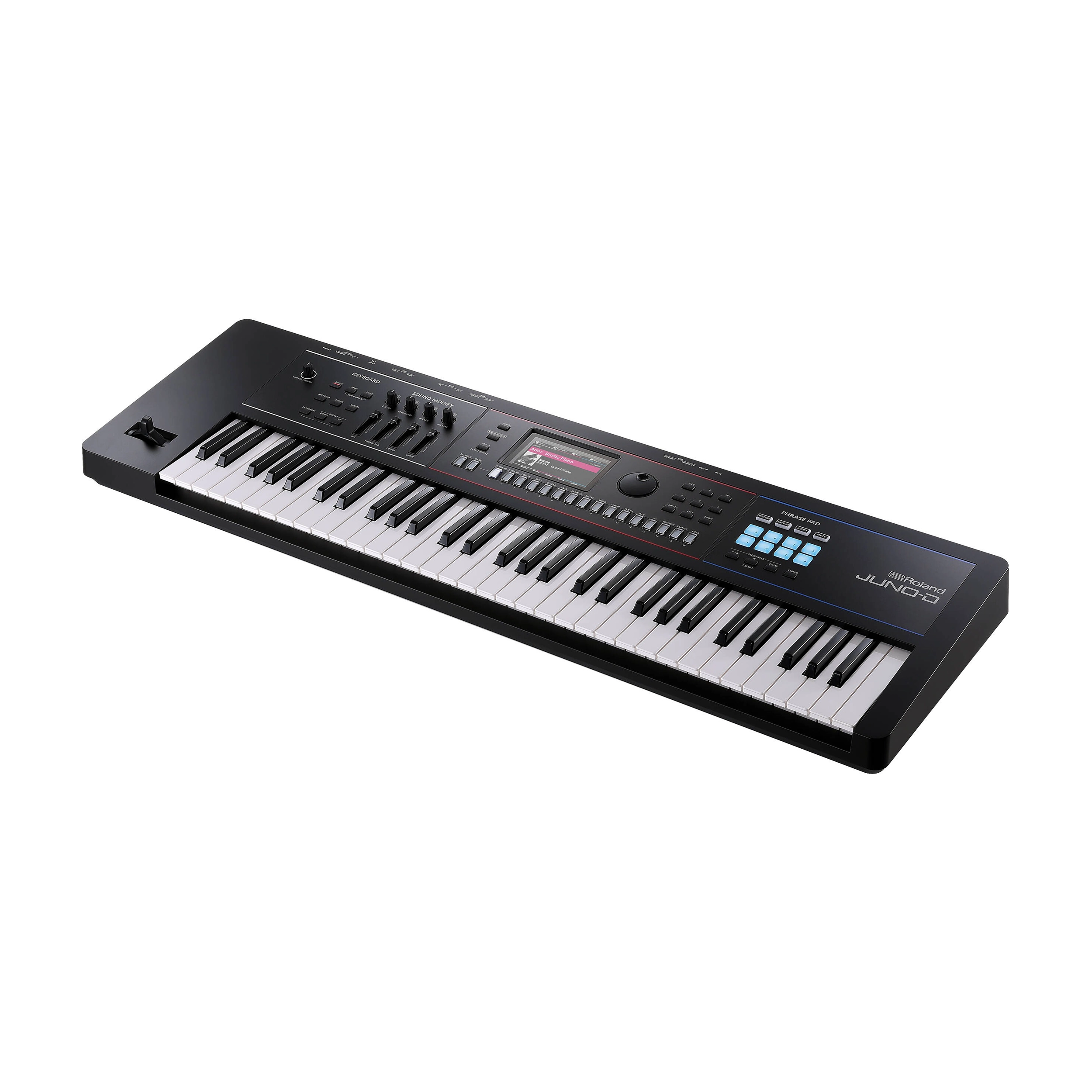 Roland JUNO-D7 76-key Synthesizer tlted view on white background