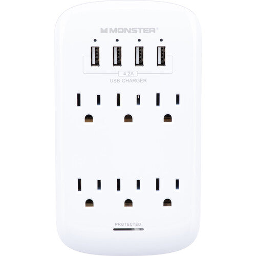 Monster 6 Outlet Cable Wall Tap Surge Protector - White