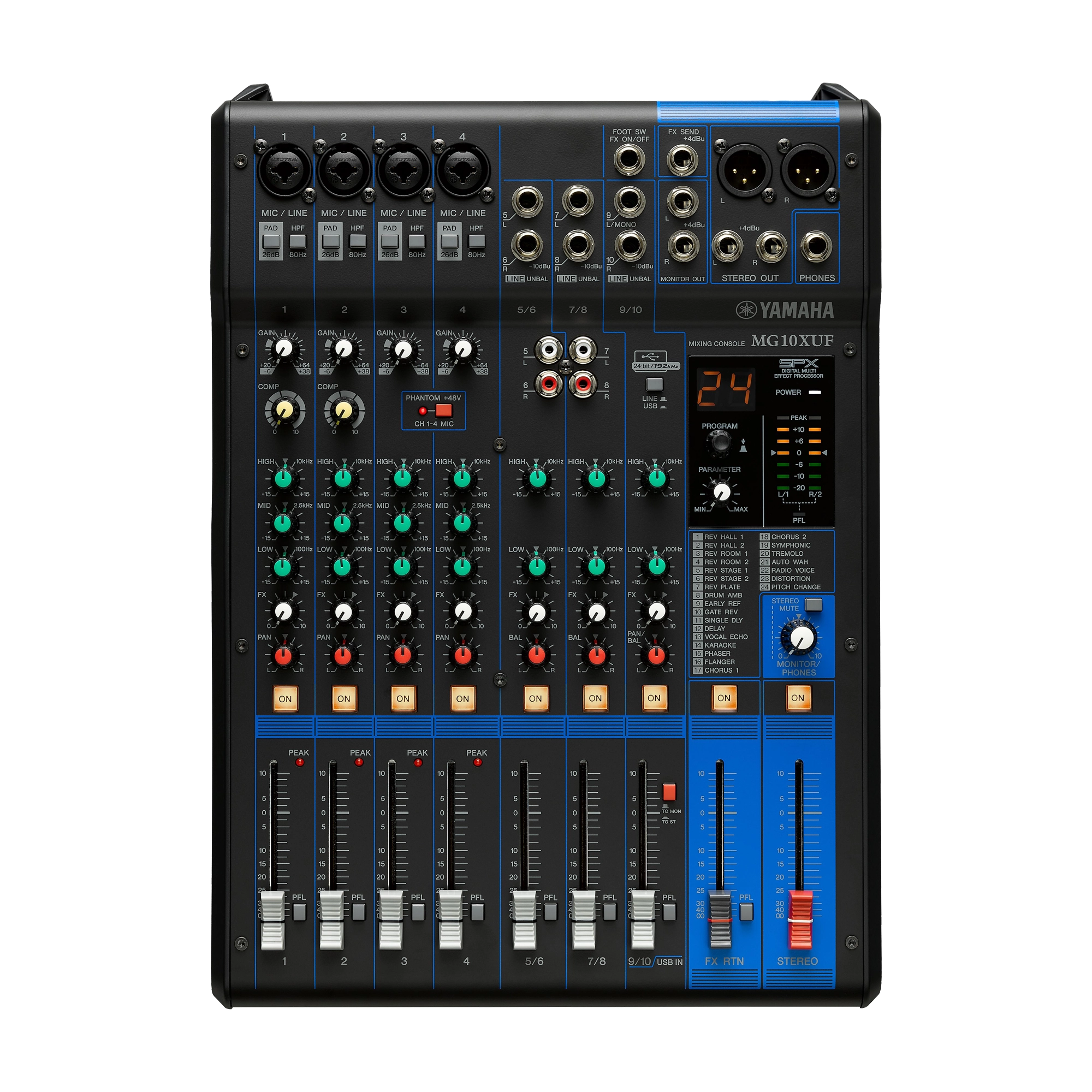 Front view of Yamaha 10-Channel Mixer MG10XUF Analog Mixer W/ Effect &amp; USB Interface