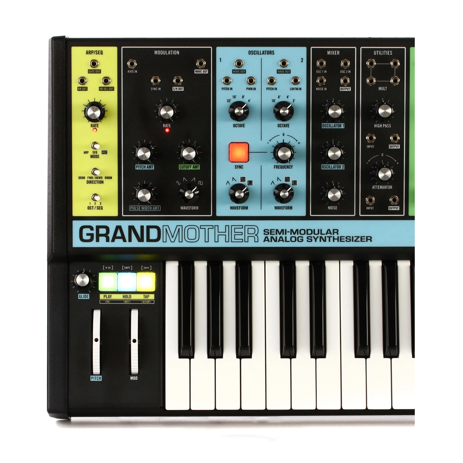 Moog Grandmother Semi-Modular Analog 32-Key Synthesizer left side close up