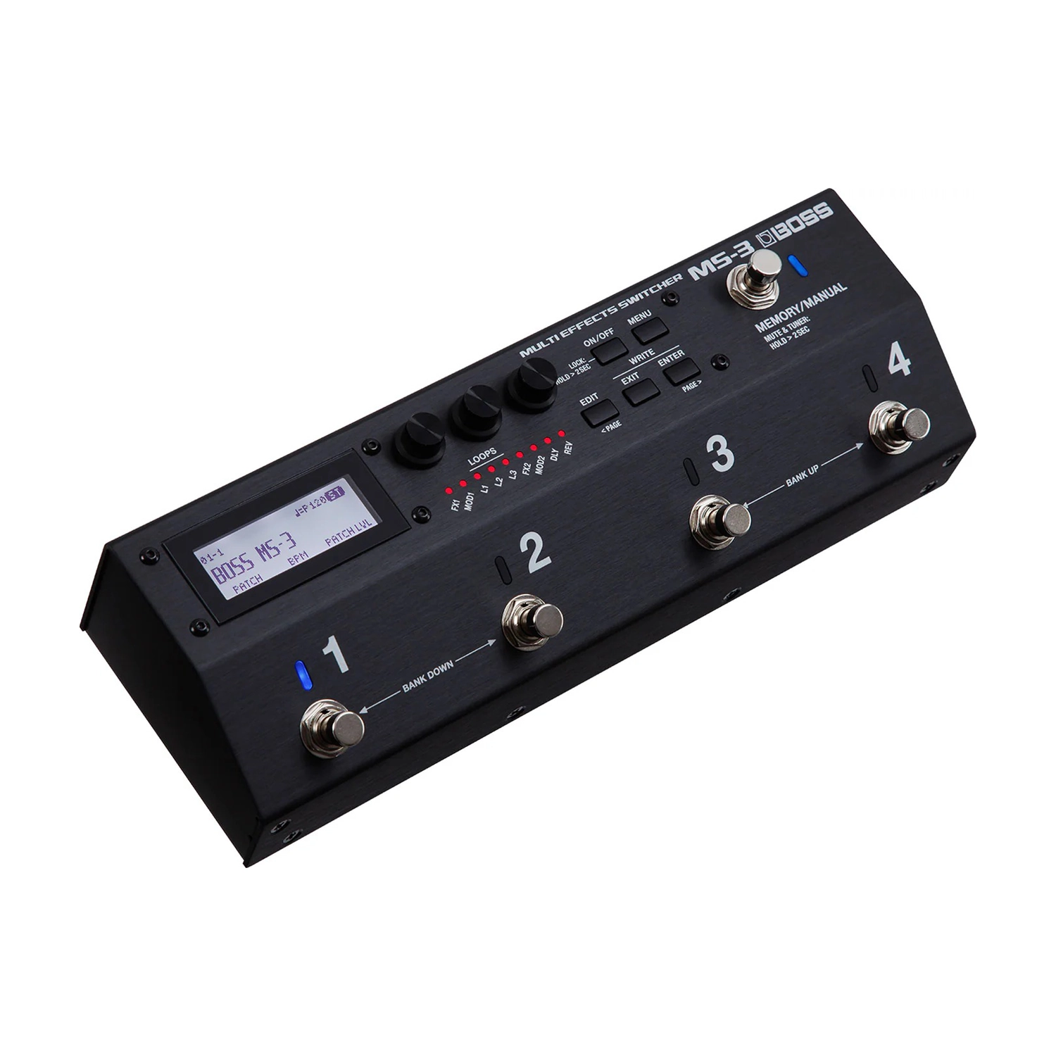 Angled view of Boss MS-3 pedal with digital display on a white background