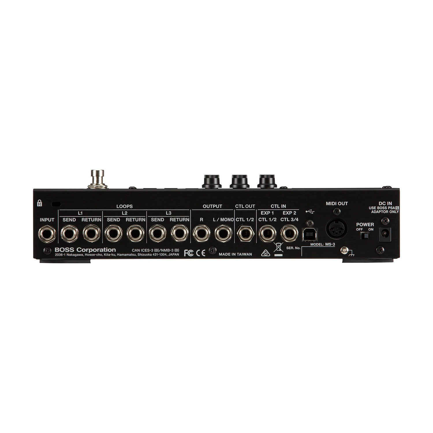 Back panel of a BOSS multi effect switcher processor on a white background