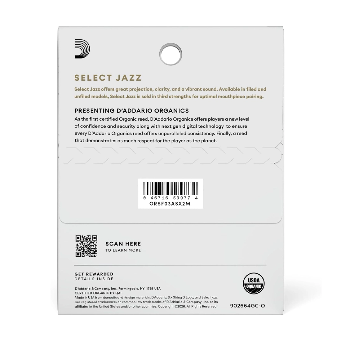 D'addario Organic Select Jazz Filed 3-Pack Alto Saxophone Reeds - 2 Medium