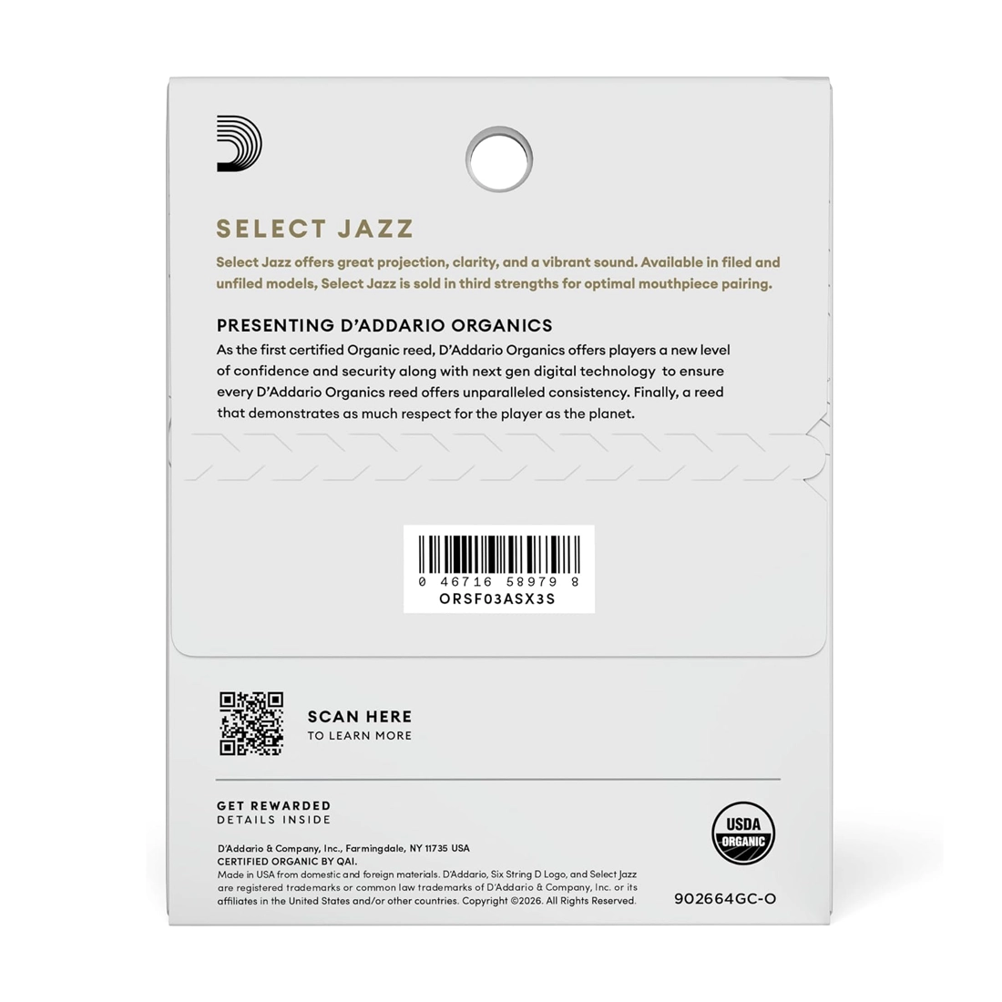 D'addario Organic Select Jazz Filed 3-Pack Alto Saxophone Reeds - 3 Soft back panel view