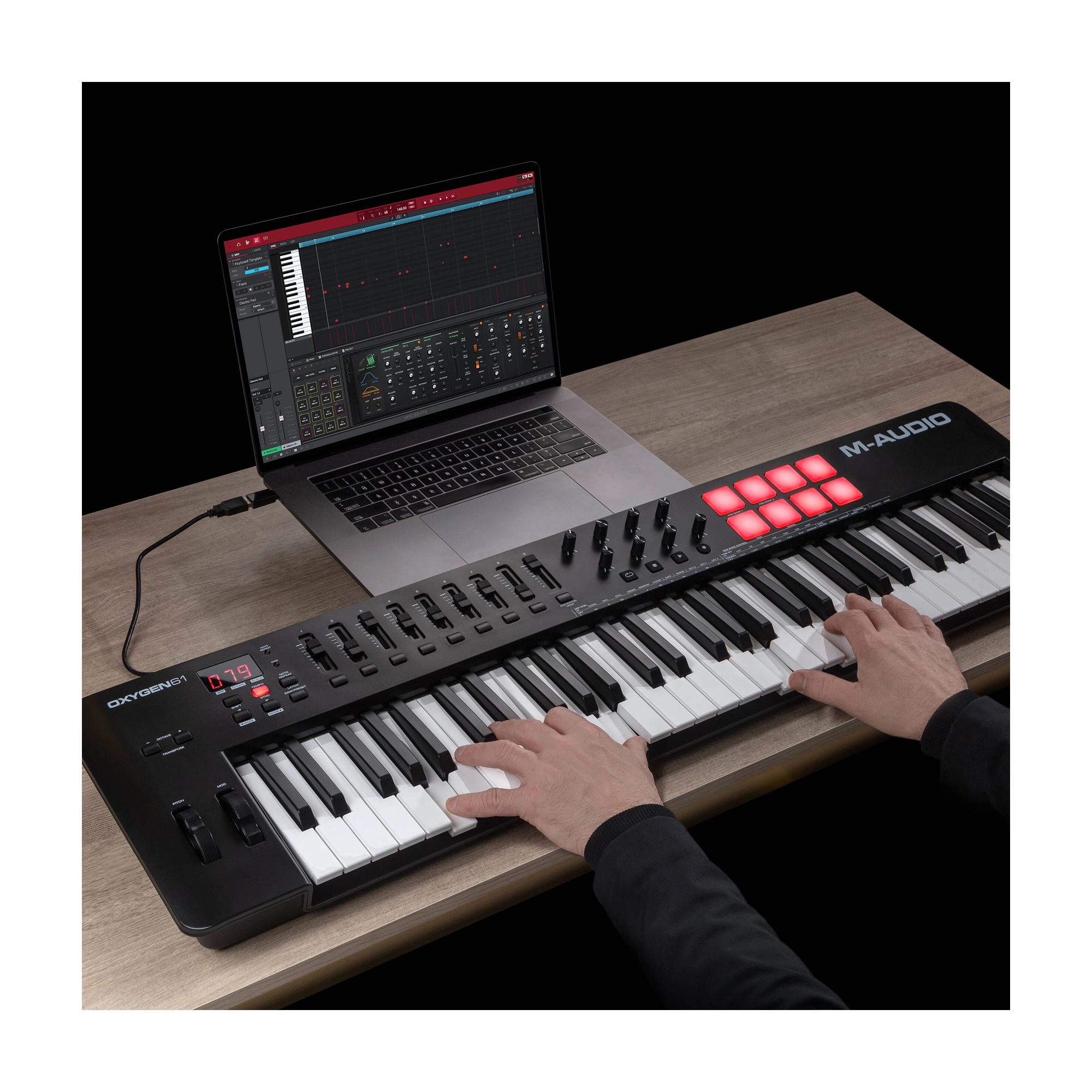 OXYGEN61MKV connected to laptop with USB.