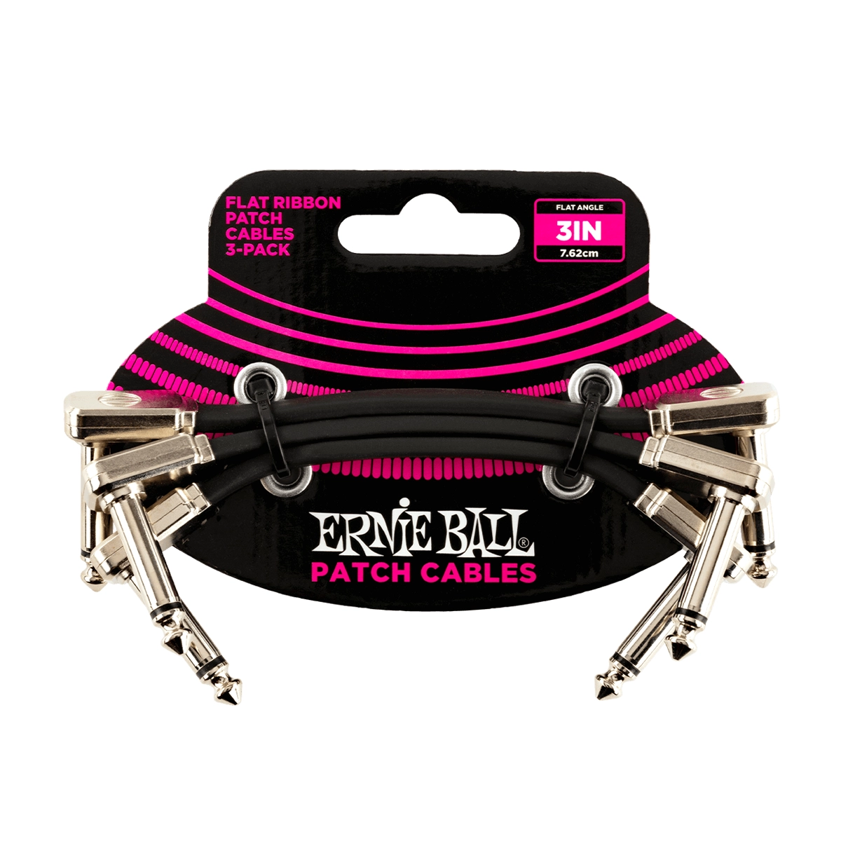 Ernie Ball P06220 Flat Ribbon Audio Cable, Angled 1/4" Ts Male - Angled 1/4" Ts Male, 3" Long - Black, 3-Pack