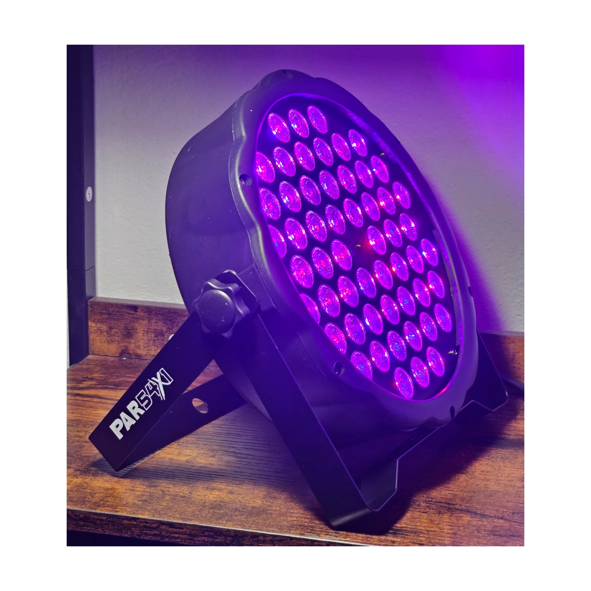 Lite Tek Led Lights PAR-54X1RGB front side angle view purple light