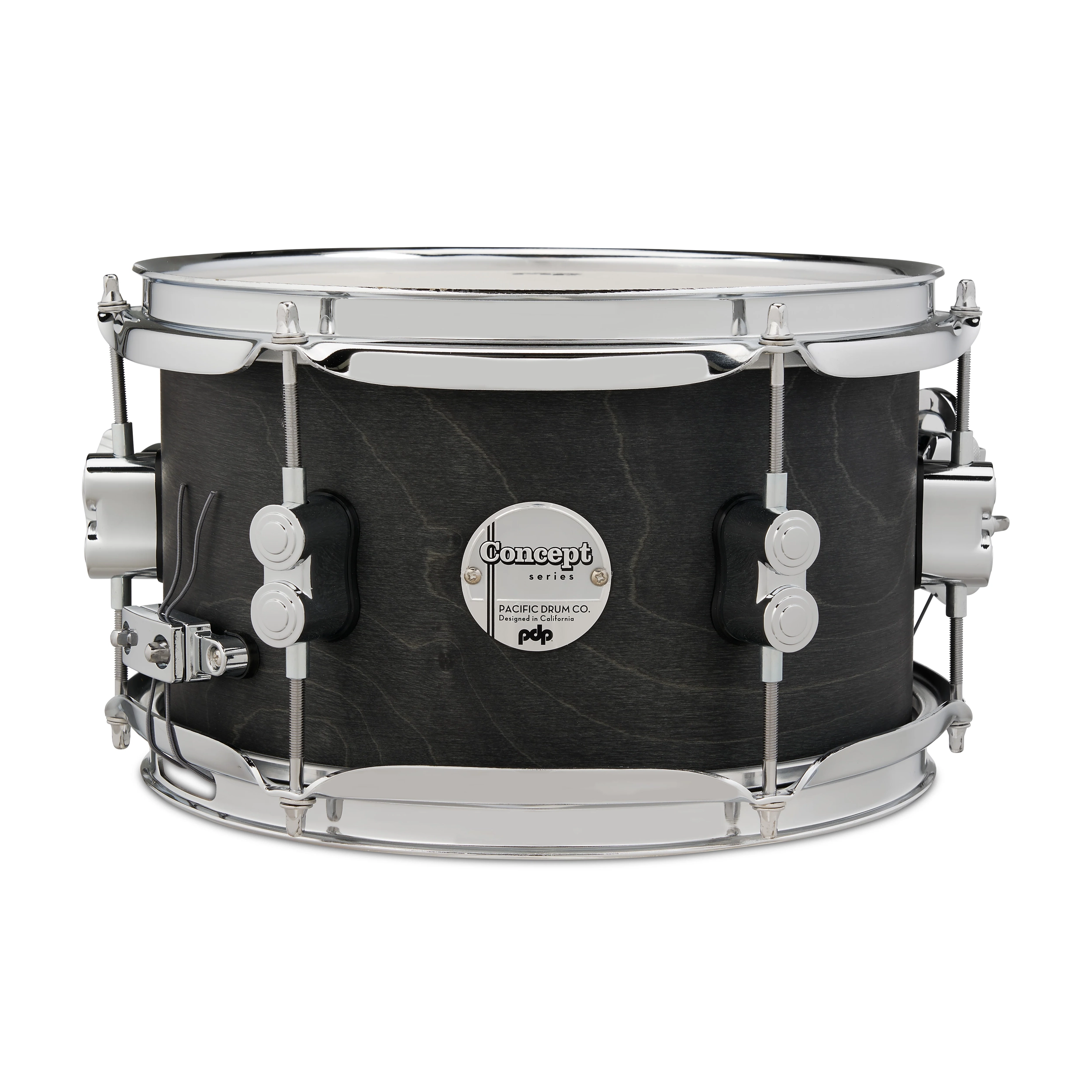 Black snare drum with chrome hardware on a white background