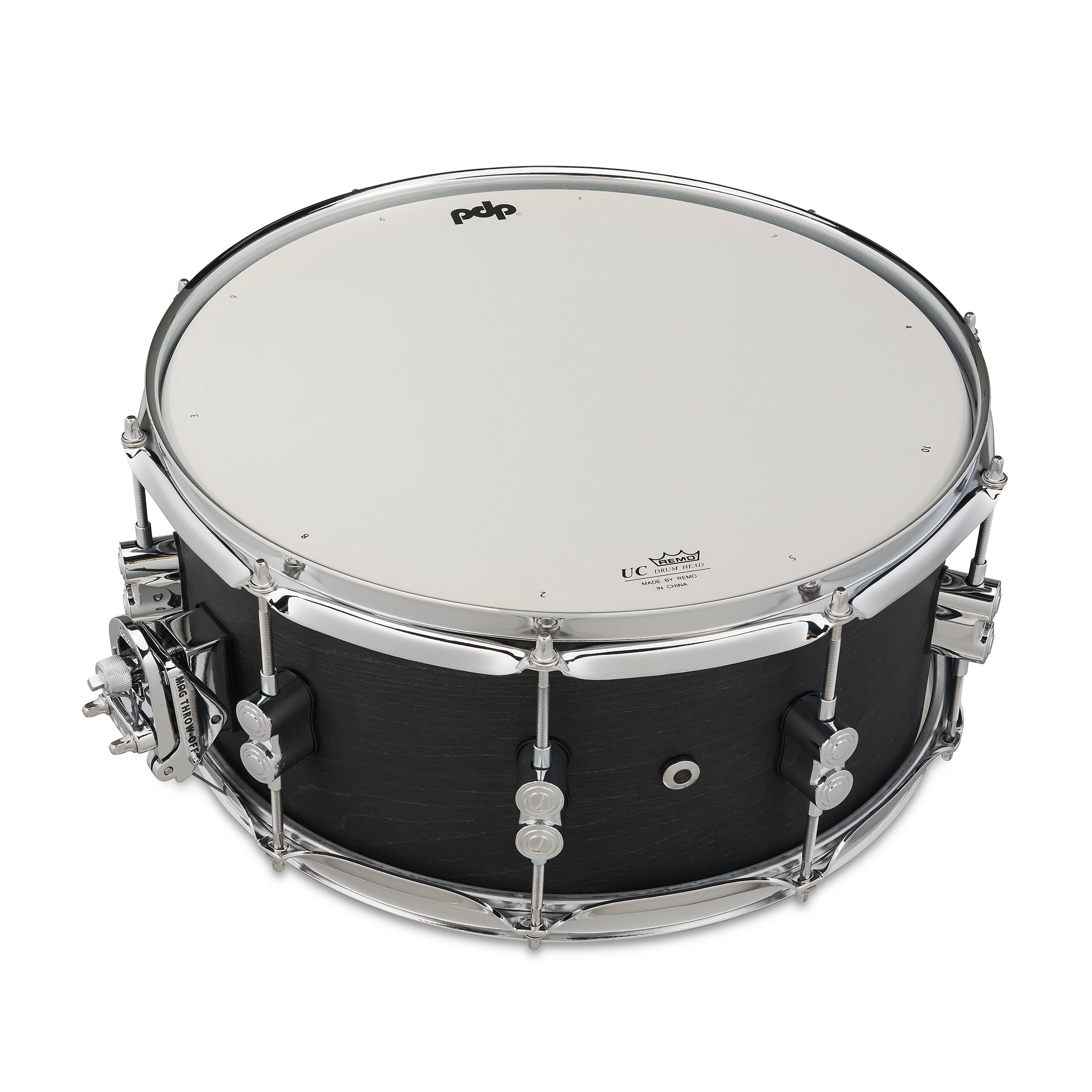 Black snare drum with chrome hardware on a white background