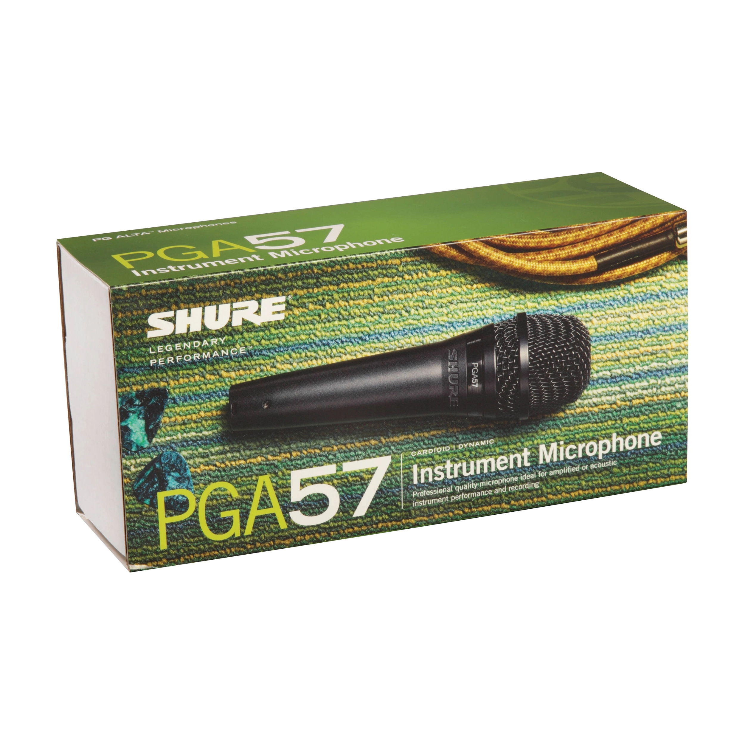 Shure PGA57 instrument microphone packaging on a white background