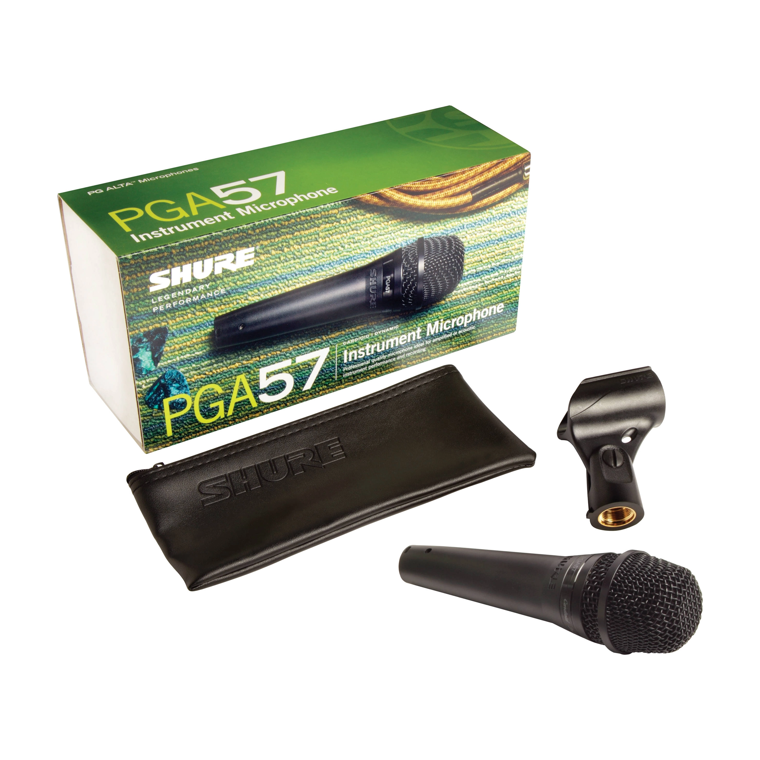 Shure PGA57 instrument microphone set with packaging on a white background