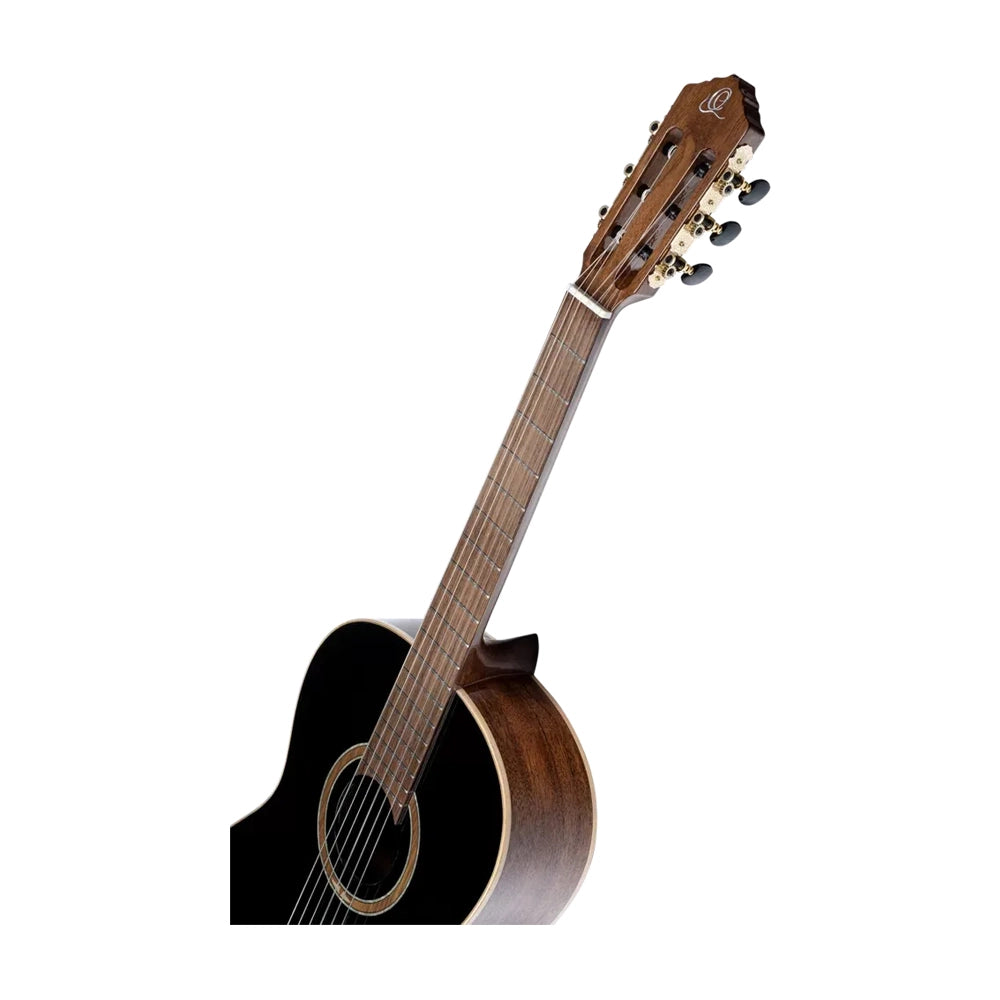Ortega Performer Series Electric Nylon Guitar Black front angle view fret board