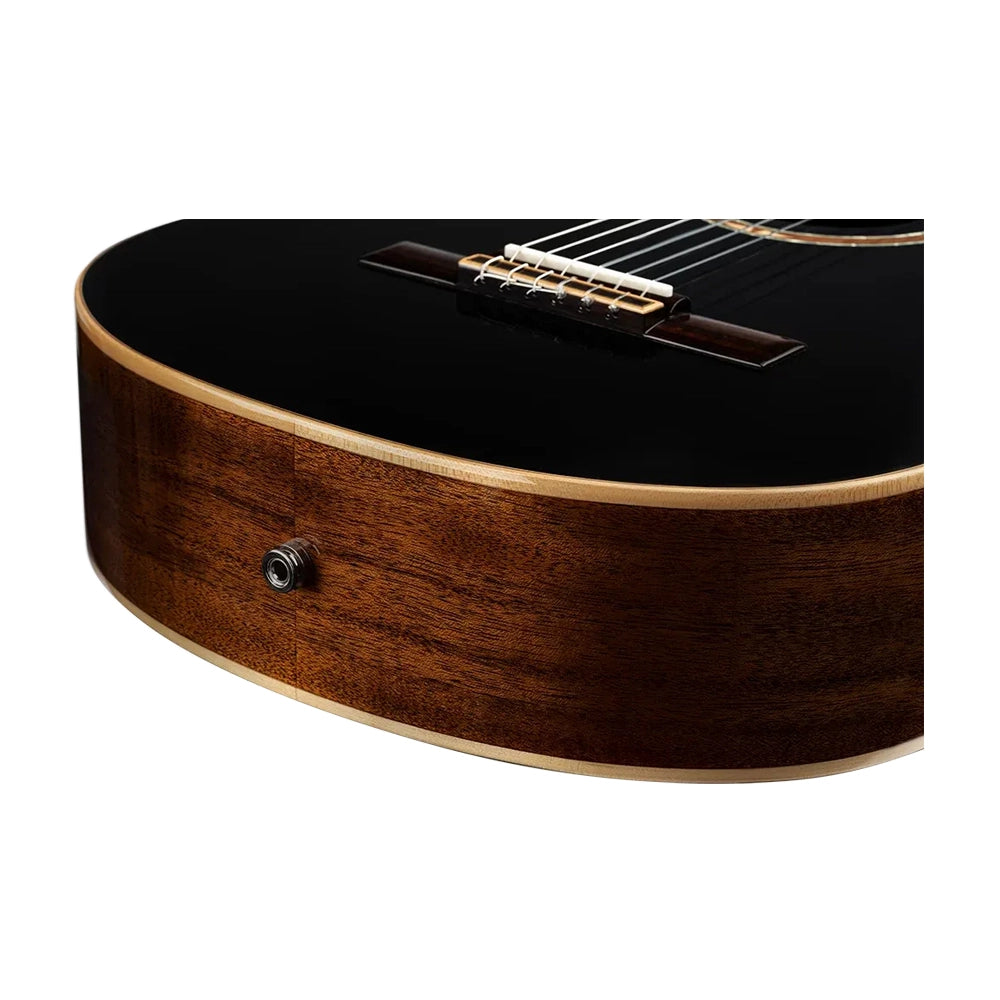 Ortega Performer Series Electric Nylon Guitar Black bottom angle close up