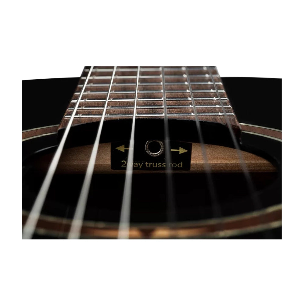 Ortega Performer Series Electric Nylon Guitar Black neck 2 way truss rod close up
