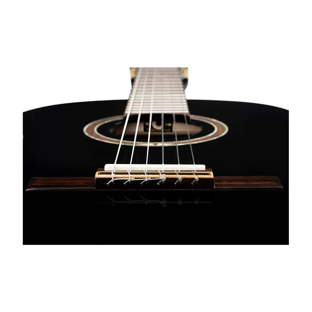 Ortega Performer Series Electric Nylon Guitar Black bridge close up