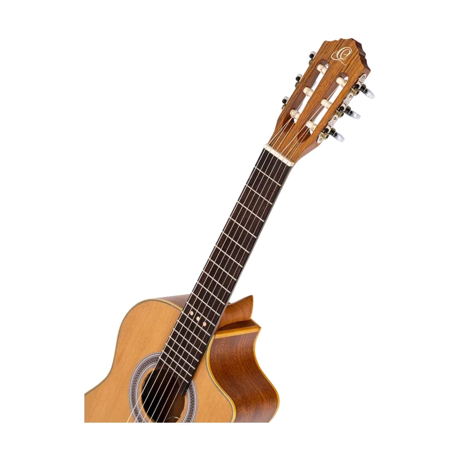 Ortega RQ39E Requinto Acoustic-Electric Guitar Natural front angle view fretboard