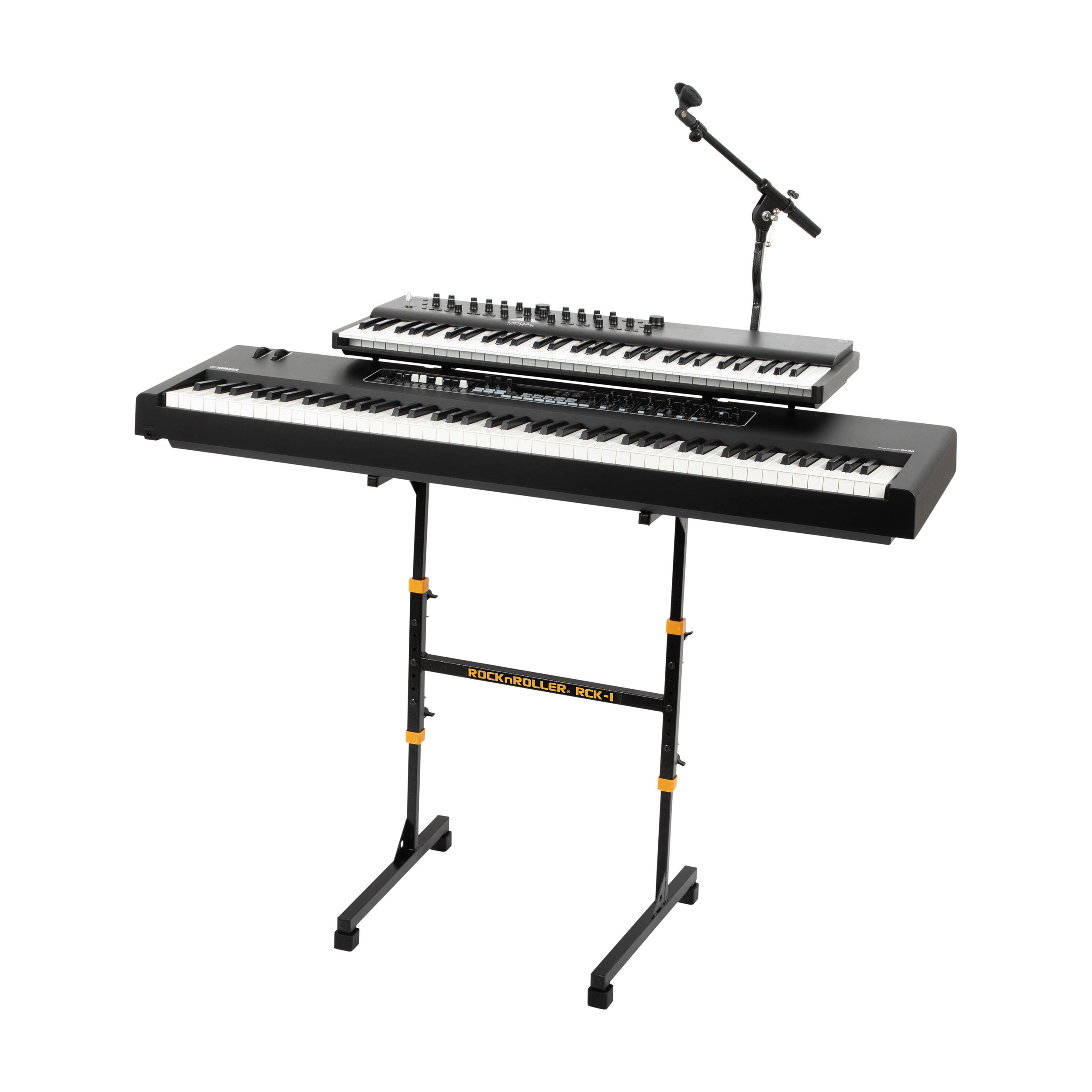 Front view of Rock N Roller 2-Tier Shelf Kit for RCK-1 Keystand with 2 keyboard