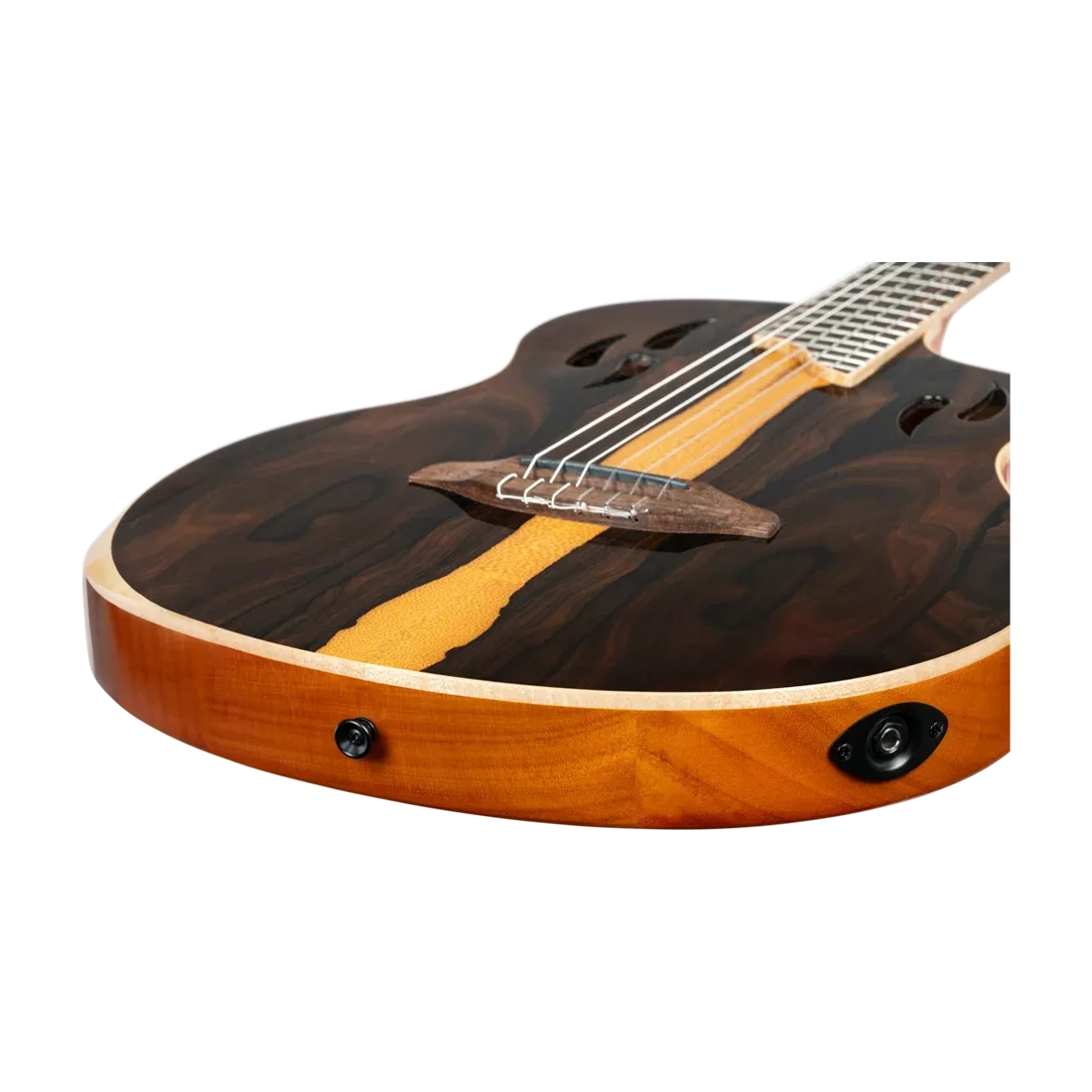 Ortega Tourplayer Series Full Size Guitar - Ziricote Gloss Body input close up detail