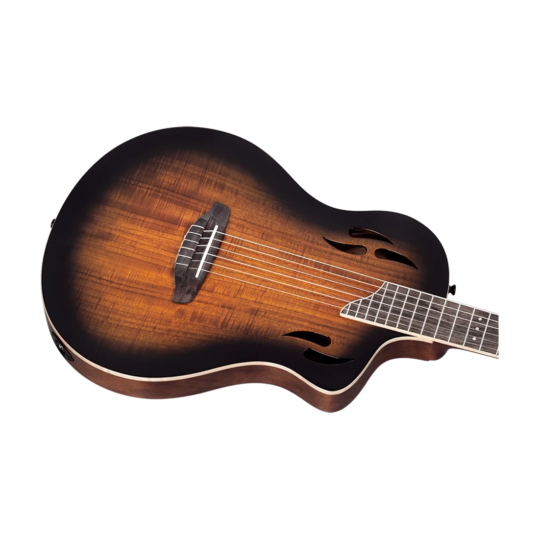 Ortega Guitars Tourplayer Series Thinline Crossover Electric Nylon Guitar - Acacia Burst front side angle view Body close up