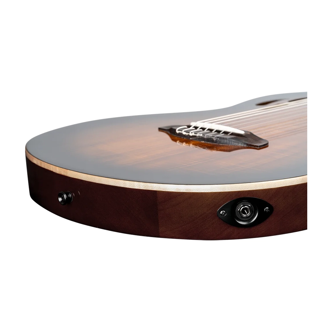 Ortega Guitars Tourplayer Series Thinline Crossover Electric Nylon Guitar - Acacia Burst Input Close up