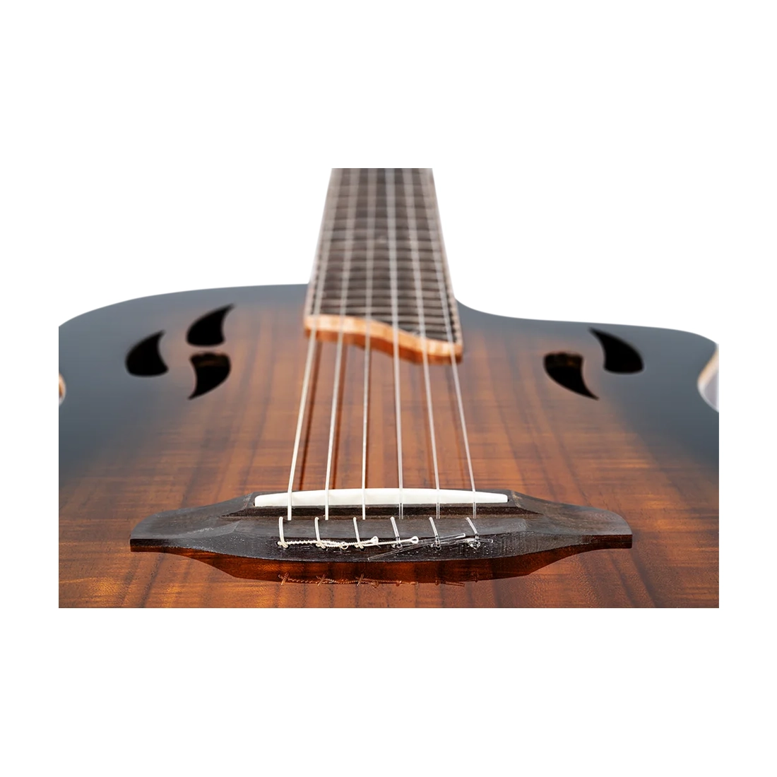 Ortega Guitars Tourplayer Series Thinline Crossover Electric Nylon Guitar - Acacia Burst Bridge Close up