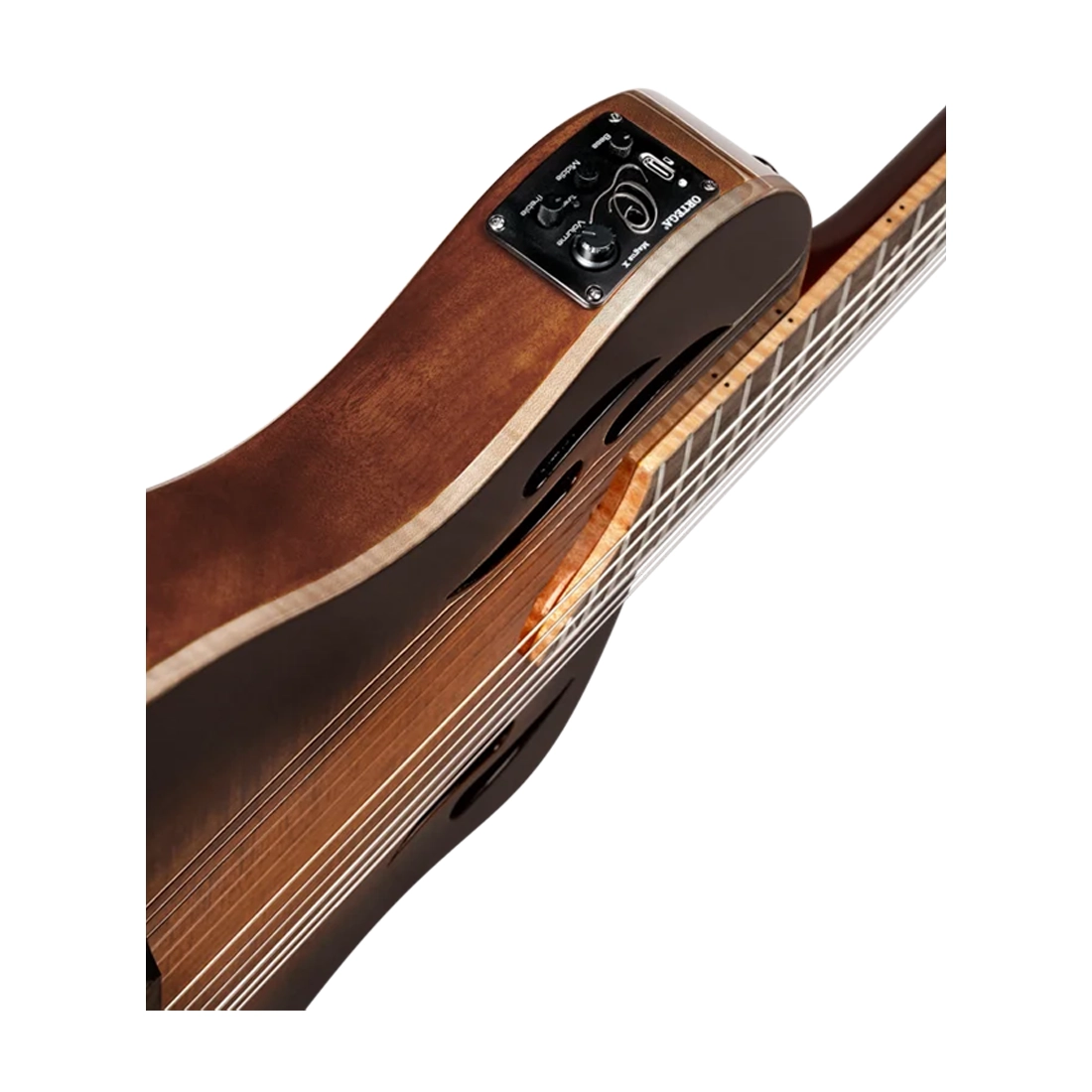 Ortega Guitars Tourplayer Series Thinline Crossover Electric Nylon Guitar - Acacia Burst Close up Magus X electronics