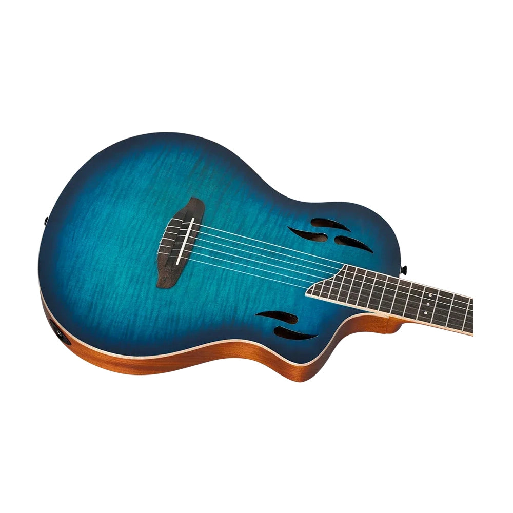Ortega Tourplayer Series Thinline Crossover Electric Nylon Guitar W/ Bag - Flamed Maple Gloss Blue