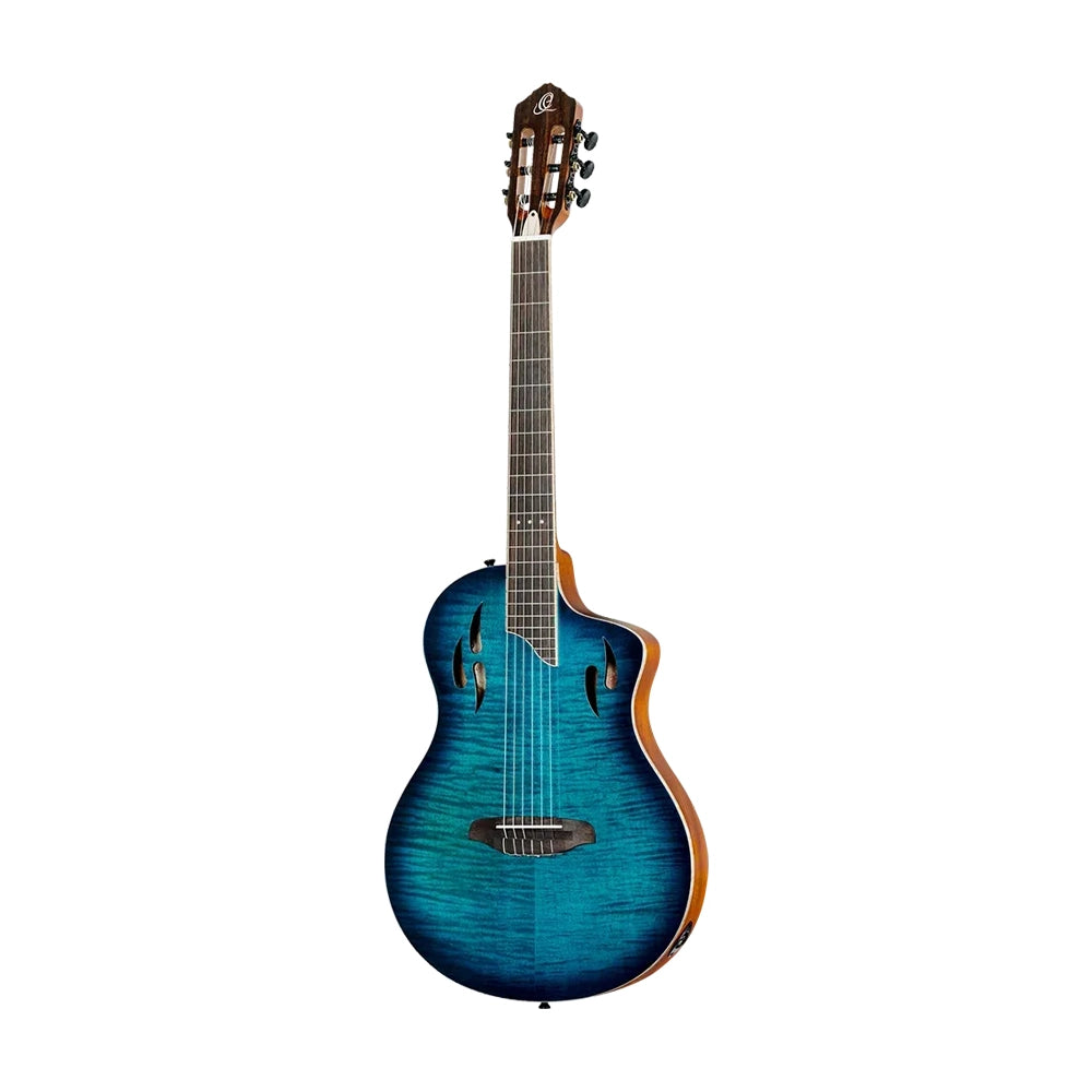 Ortega Tourplayer Series Thinline Crossover Electric Nylon Guitar W/ Bag - Flamed Maple Gloss Blue