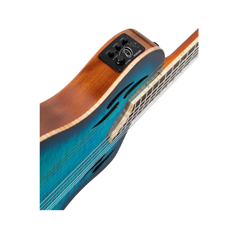 Ortega Tourplayer Series Thinline Crossover Electric Nylon Guitar W/ Bag - Flamed Maple Gloss Blue