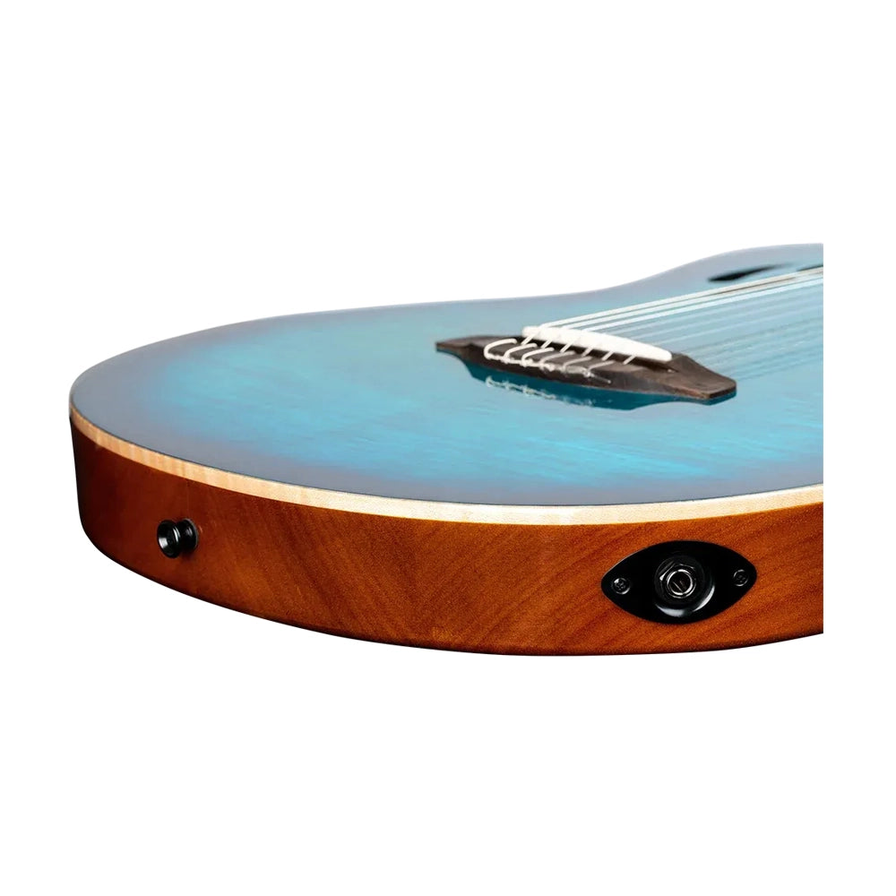 Ortega Tourplayer Series Thinline Crossover Electric Nylon Guitar W/ Bag - Flamed Maple Gloss Blue