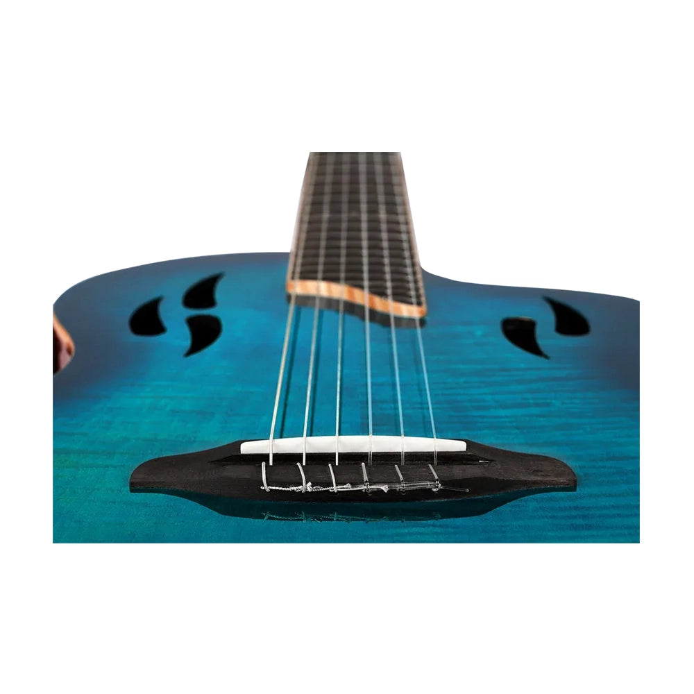 Ortega Tourplayer Series Thinline Crossover Electric Nylon Guitar W/ Bag - Flamed Maple Gloss Blue