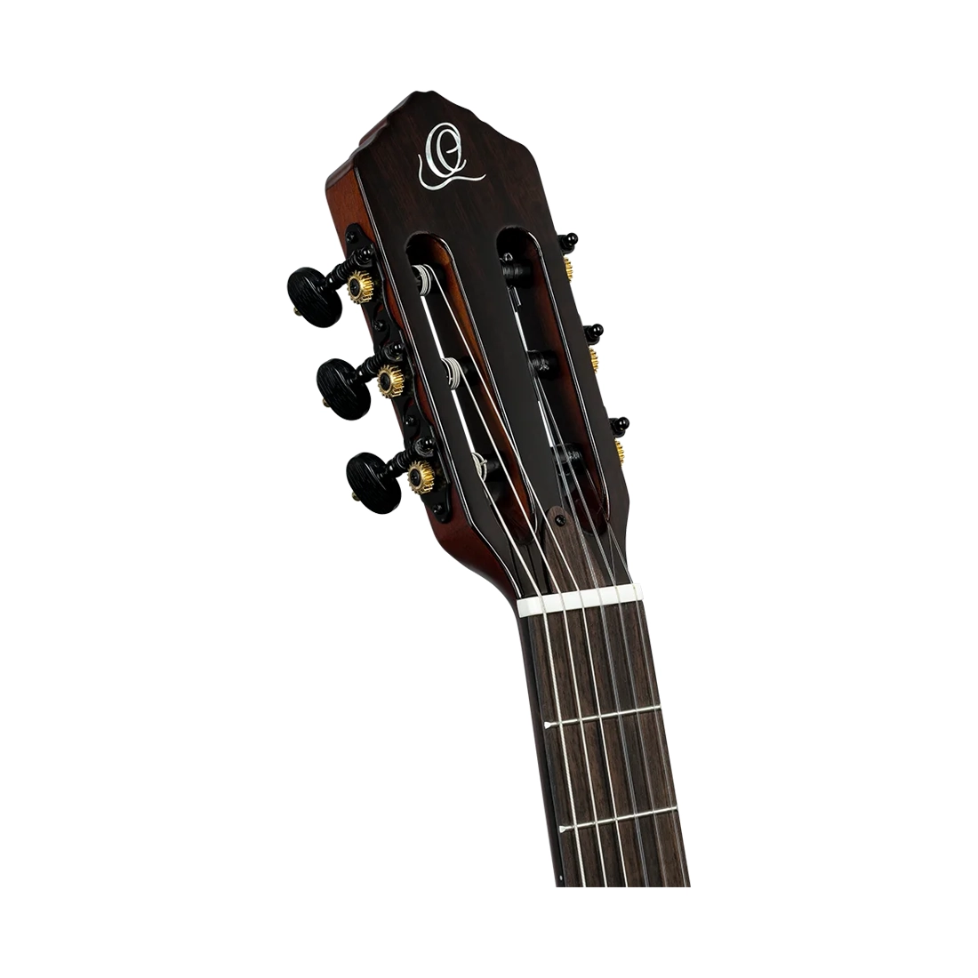 Ortega Guitars Tourplayer Electric Nylon String Guitar - Natural front angle view Headstock close up