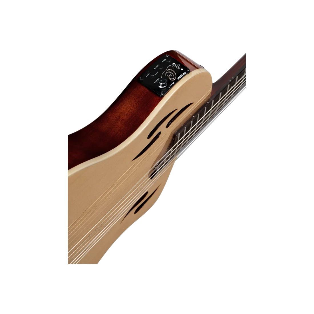 Ortega Guitars Tourplayer Electric Nylon String Guitar - Natural front angle view Rechargeable Ortega Magus X Electronics close up