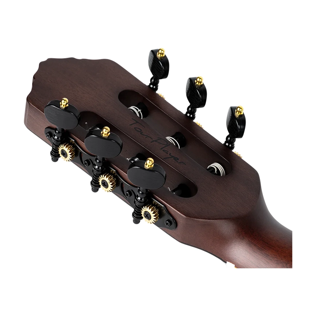 Ortega Tourplayer Electric Nylon String Guitar - Satin Black Headstock close up back view