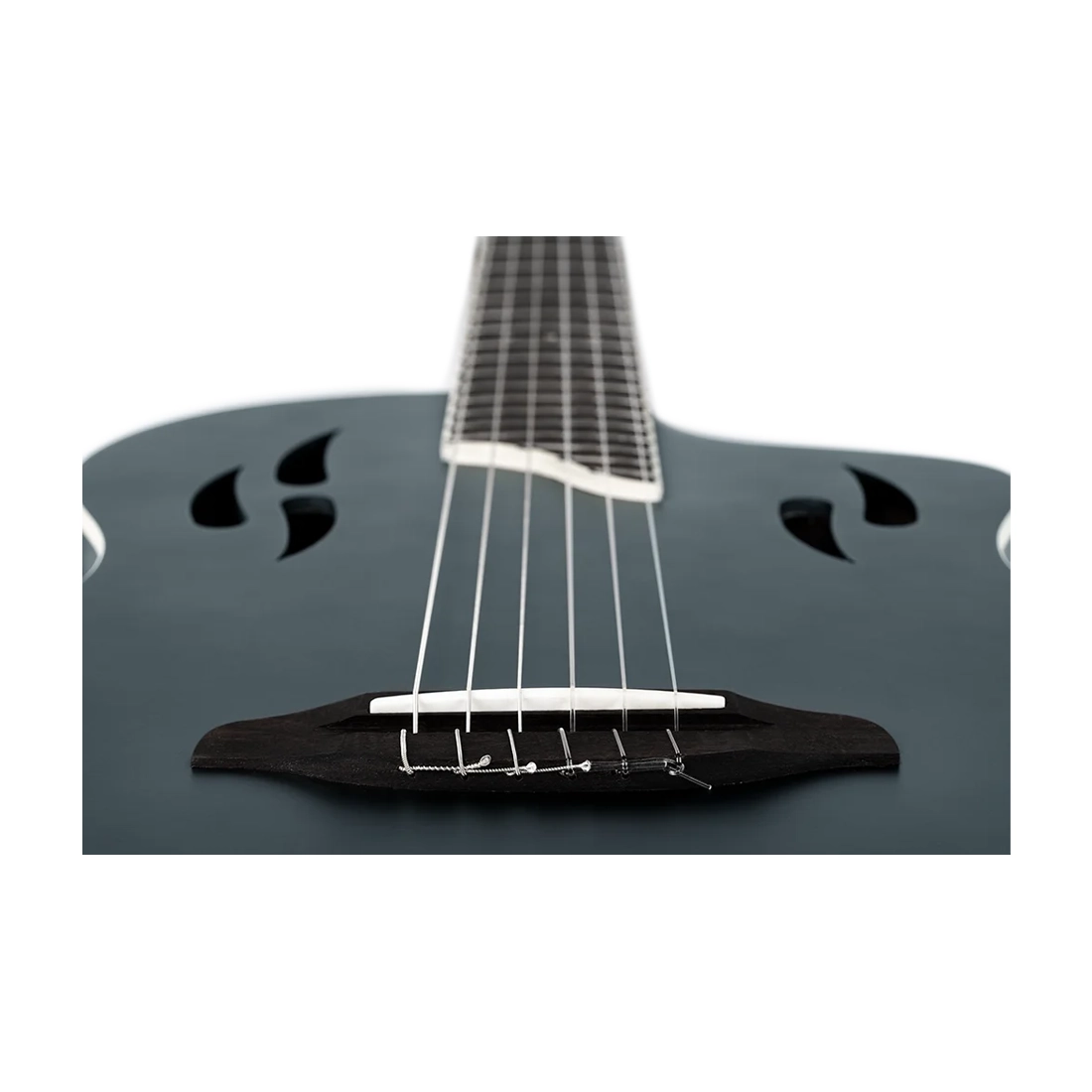 Ortega Tourplayer Electric Nylon String Guitar - Satin Black Bridge close up 