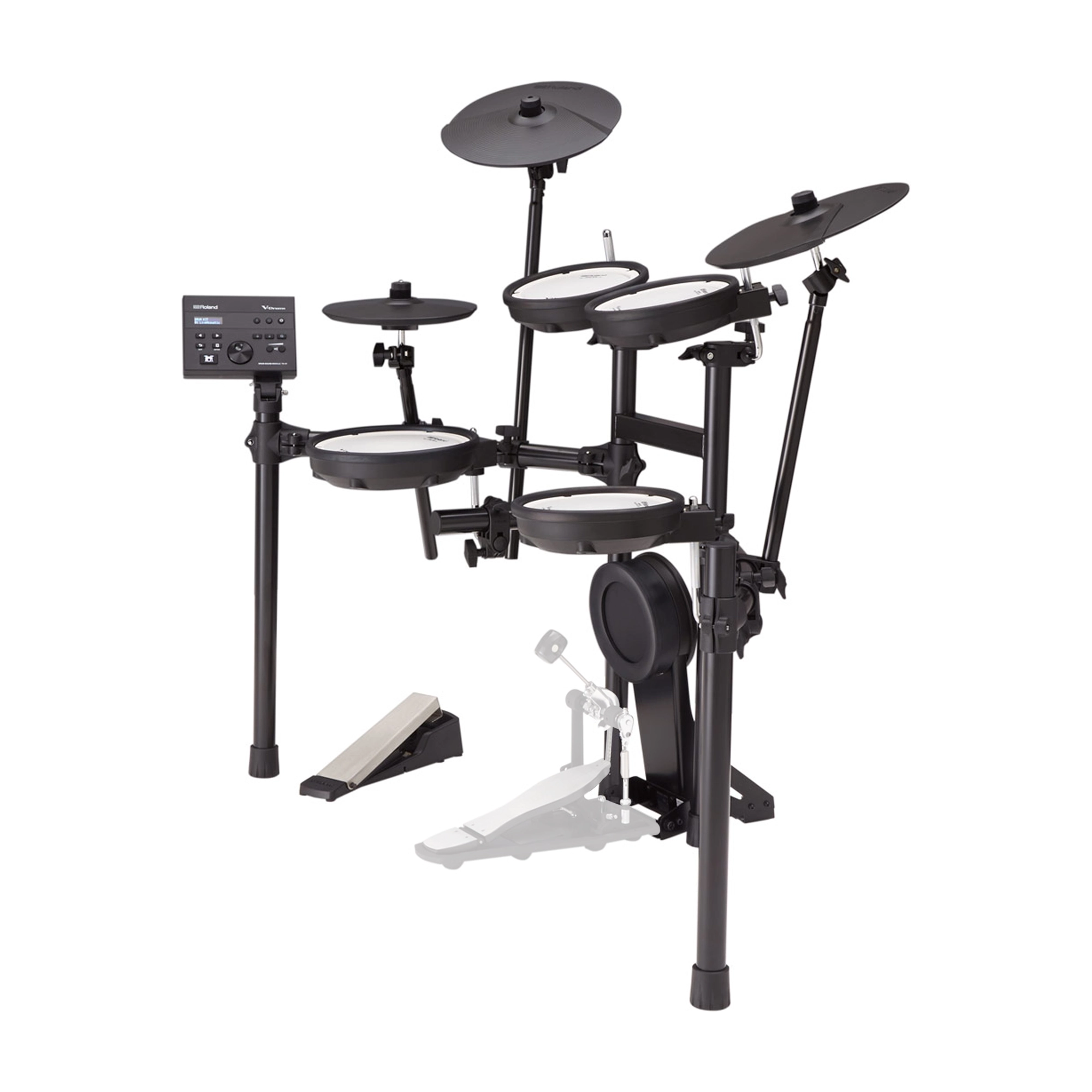 Side view of Roland TD-07KV V-Drums Electronic Drum Set, featuring a compact setup with mesh drum heads, cymbal pads, and a kick pad with pedal, all mounted on stands.