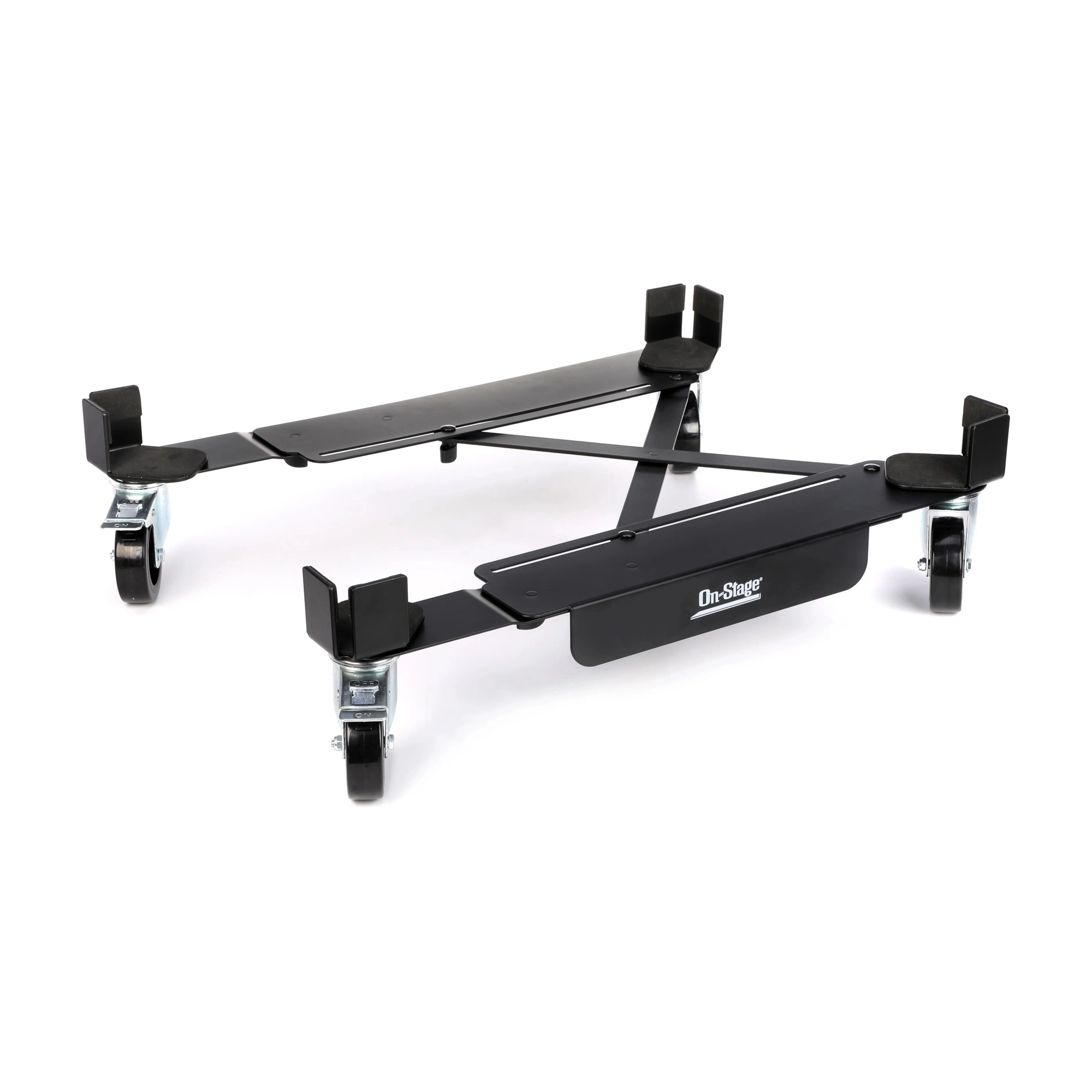 Black metal adjustable amplifier stand with wheels