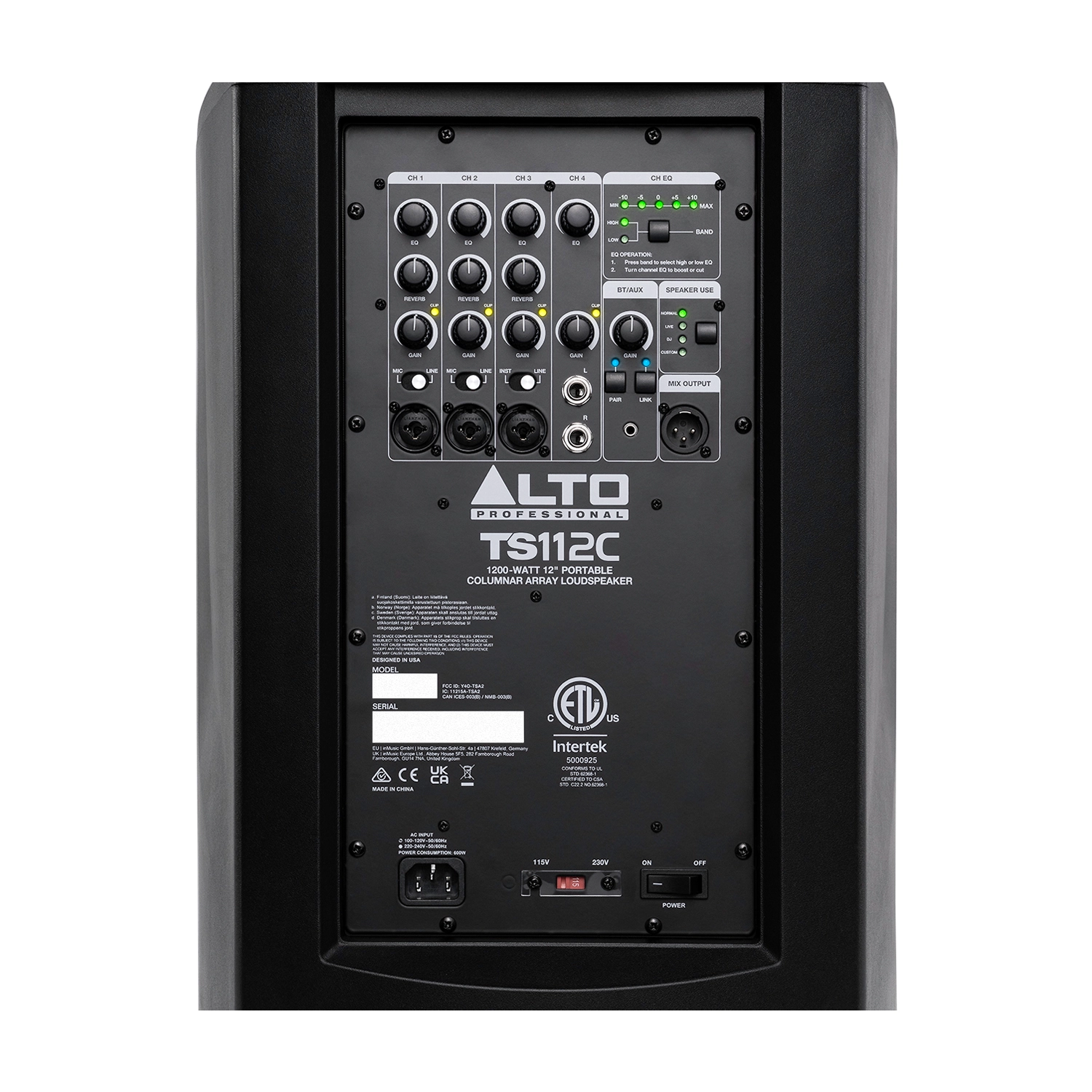 Alto Professional TS112C Portable Powered PA Speaker back panel view close up