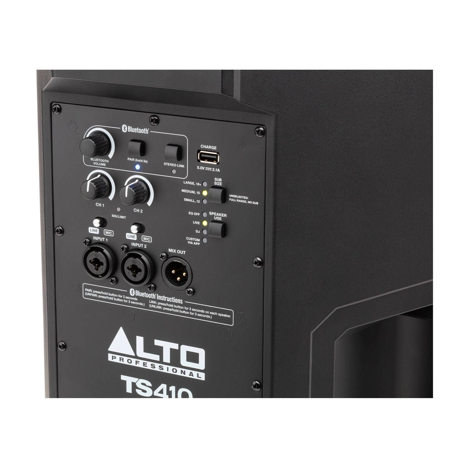 Back panel view of Alto Professional TS410 2,000-watt 10-Inch powered speaker with bluetooth and DSP features.
