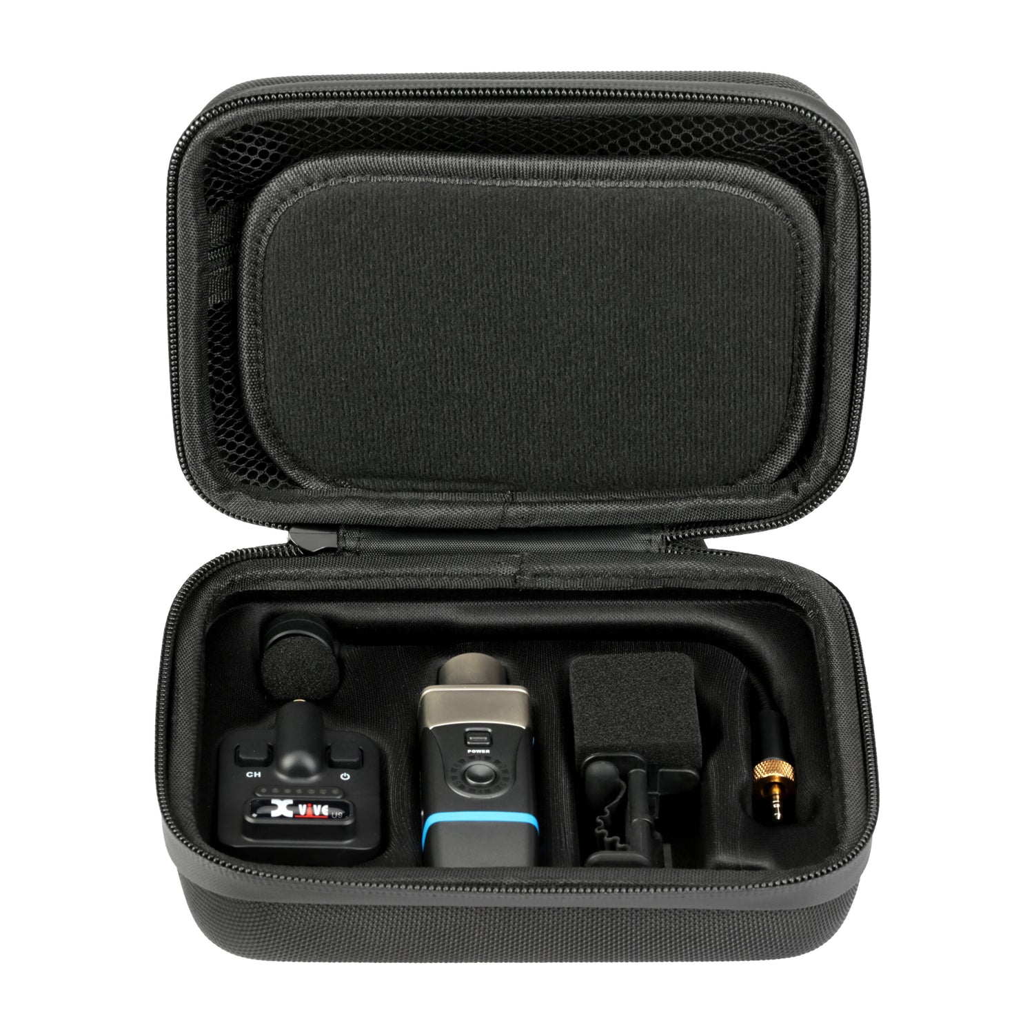 Open case with microphone, transmitter/receiver and the clamp of the Xvive U9 Violin Wireless System - Black
