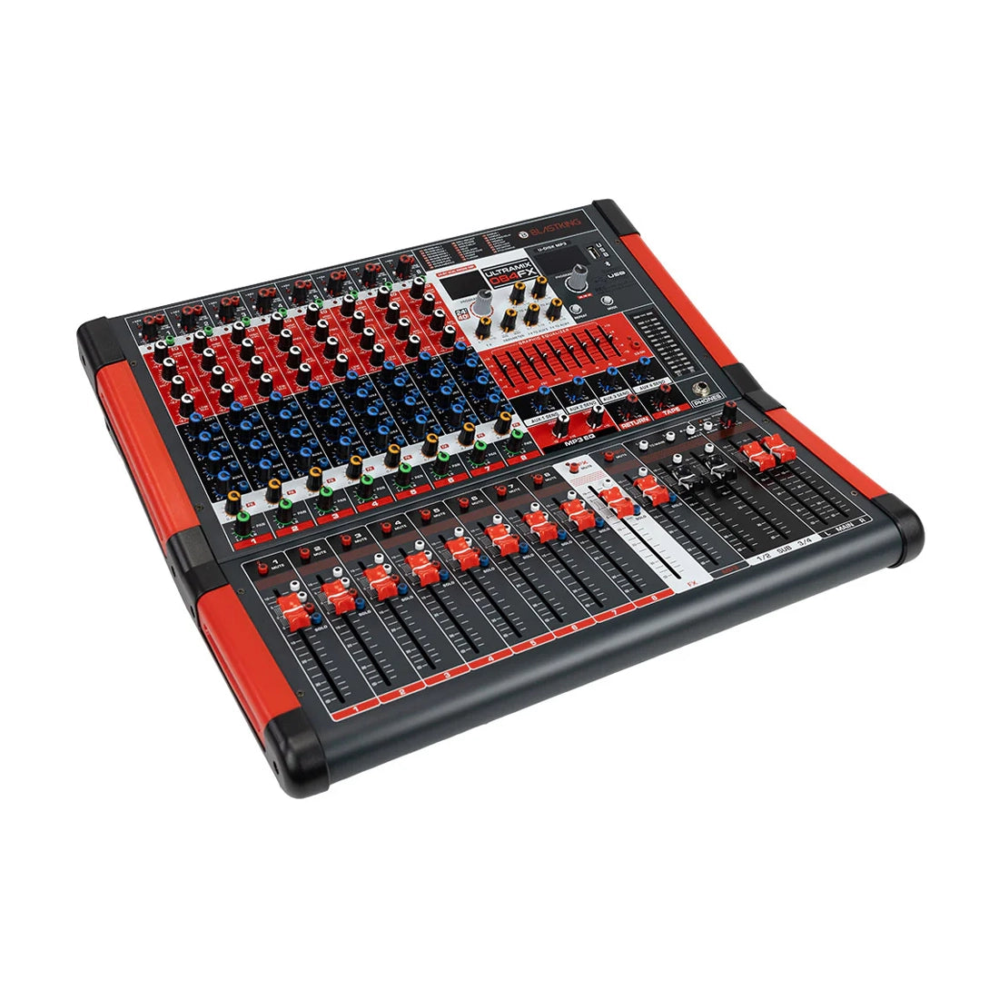 Blastking 8 Channel Professional Mixing Console with 4 Aux and DSP front side angle