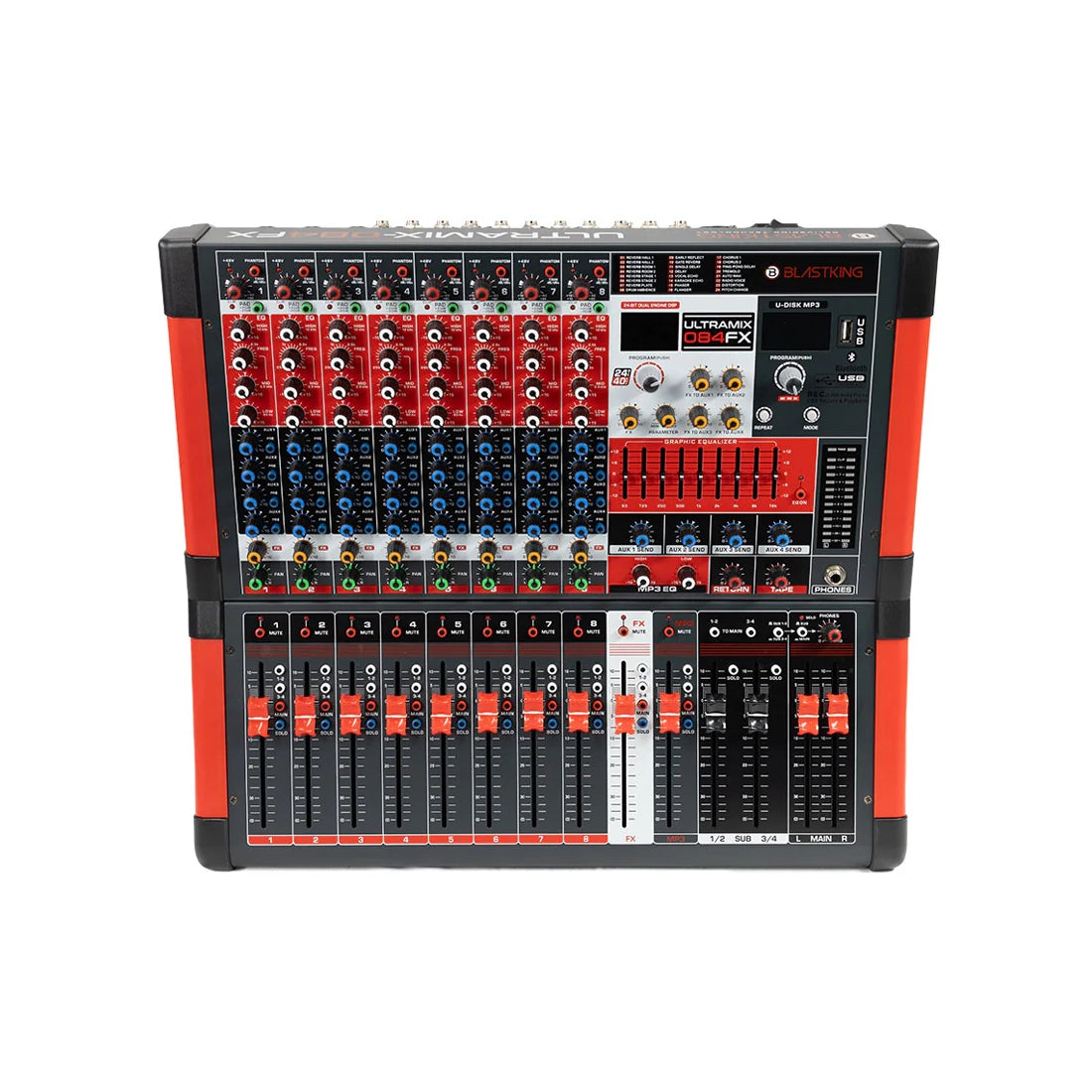 Blastking 8 Channel Professional Mixing Console with 4 Aux and DSP top side view