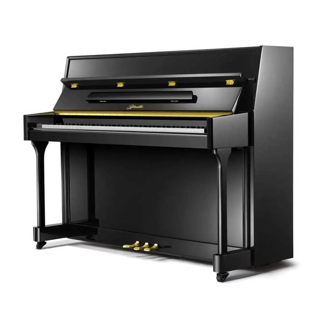 Black upright piano with brass hardware and Ritmuller brand logo on a white background