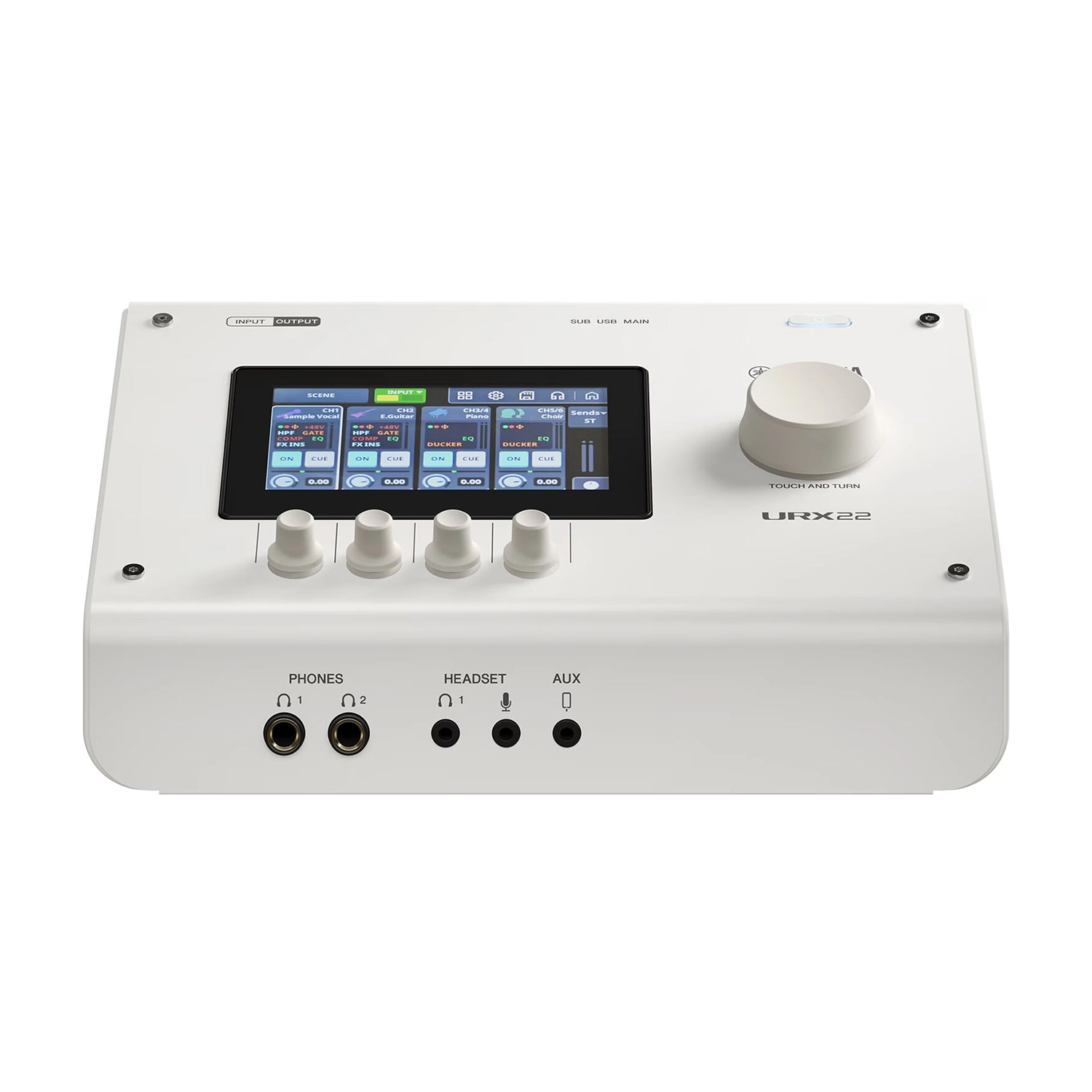 Yamaha URX22 audio interface with display and control knobs on a white background