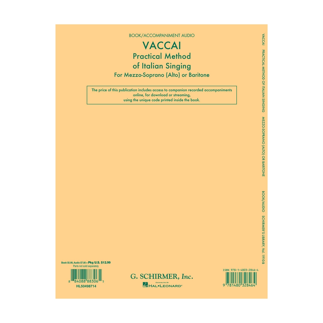 Vaccai Practical Method Of Italian Singing For Mezzo-Soprano (Alto) Or Baritone.