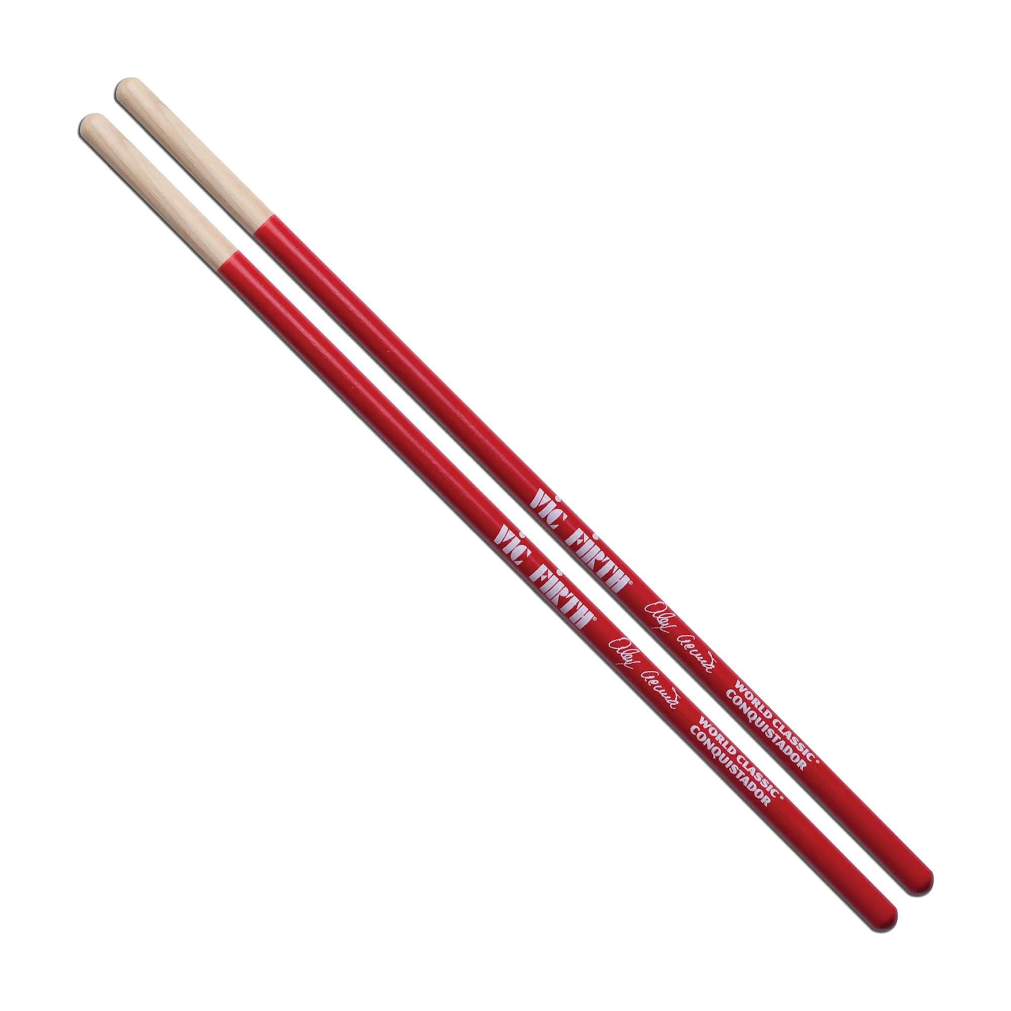 Front view of Vic Firth VFSAA Alex Acuna Conquistador Timbale Sticks Red